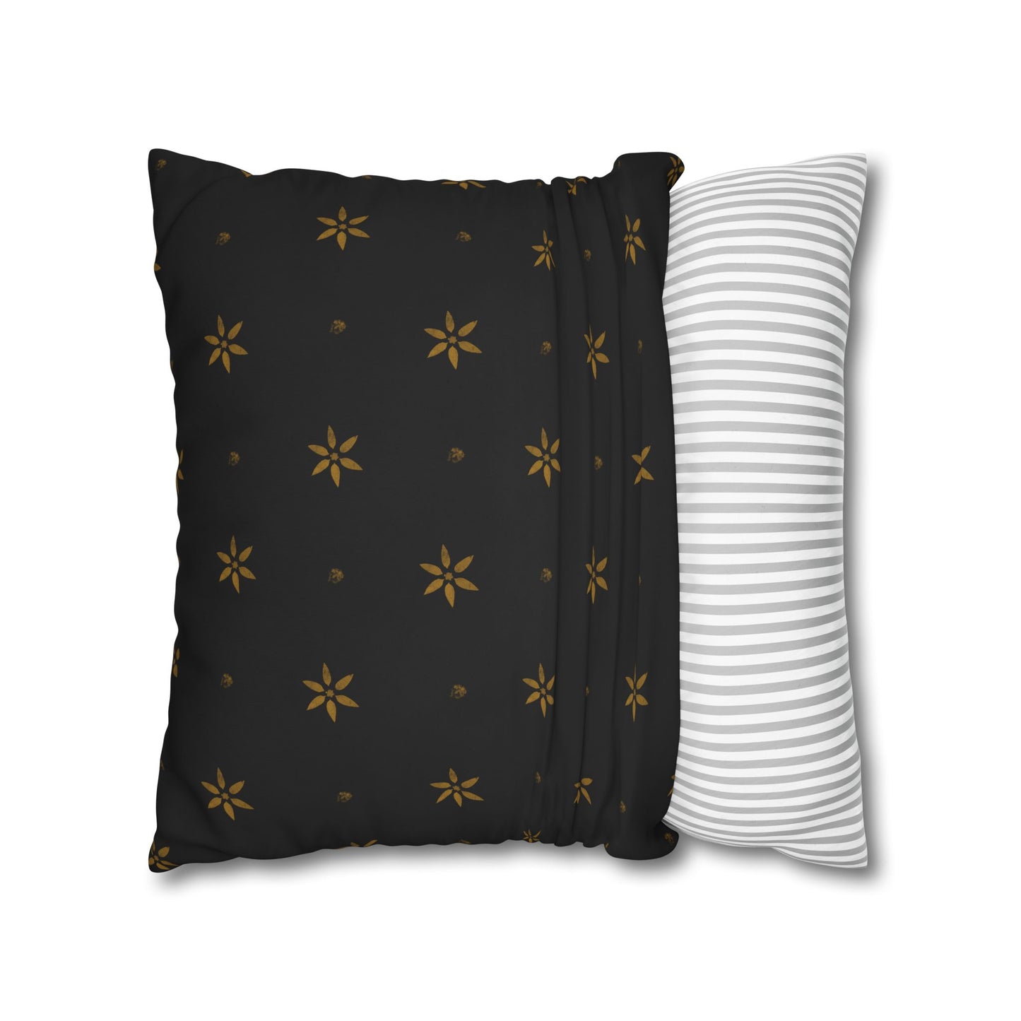 Stencilled Mustard Petals on Black Square Poly Canvas Pillowcase