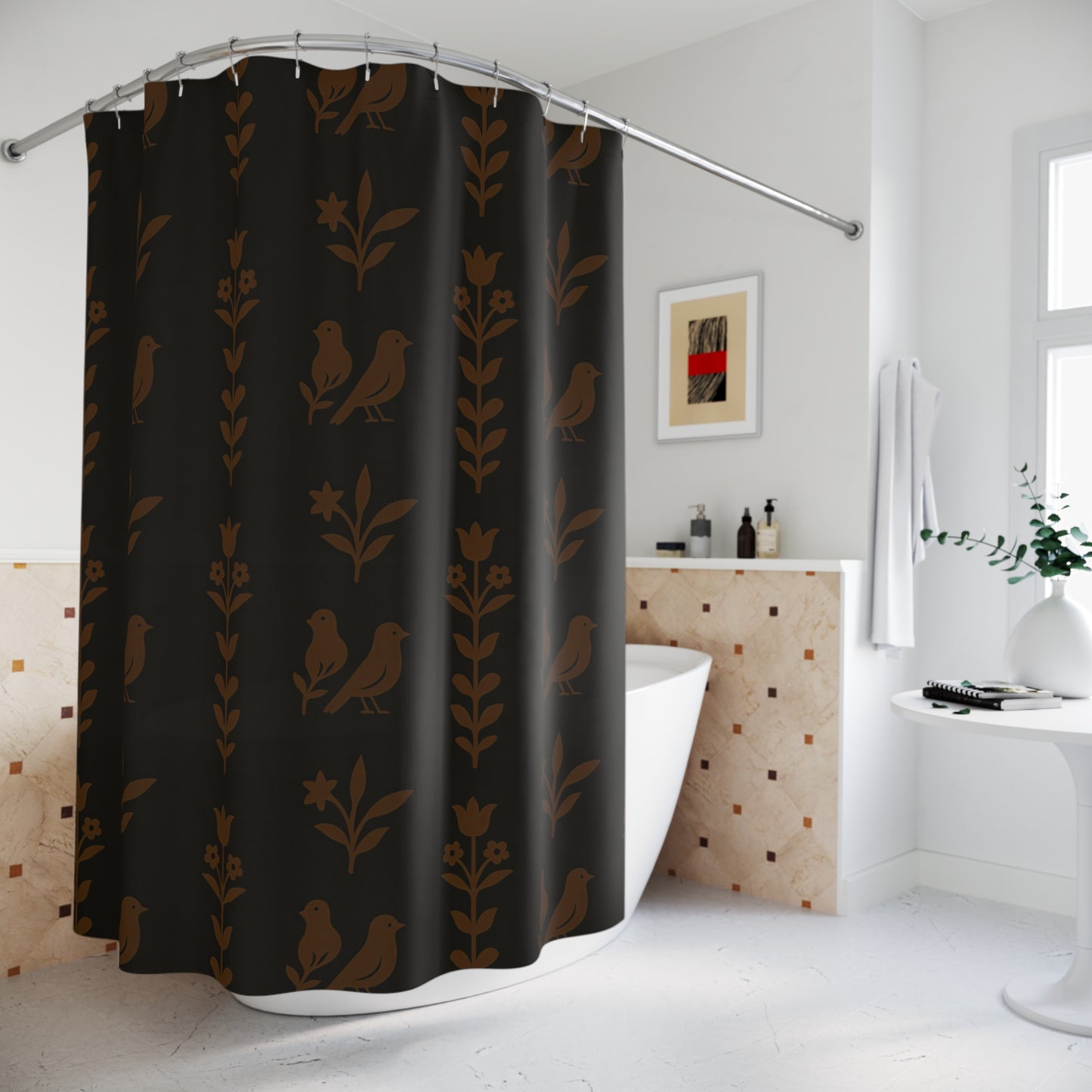 Elegant Floral Shower Curtain, Bathroom Decor, Bird Design, Nature-Inspired, Home Gift, Boho Style