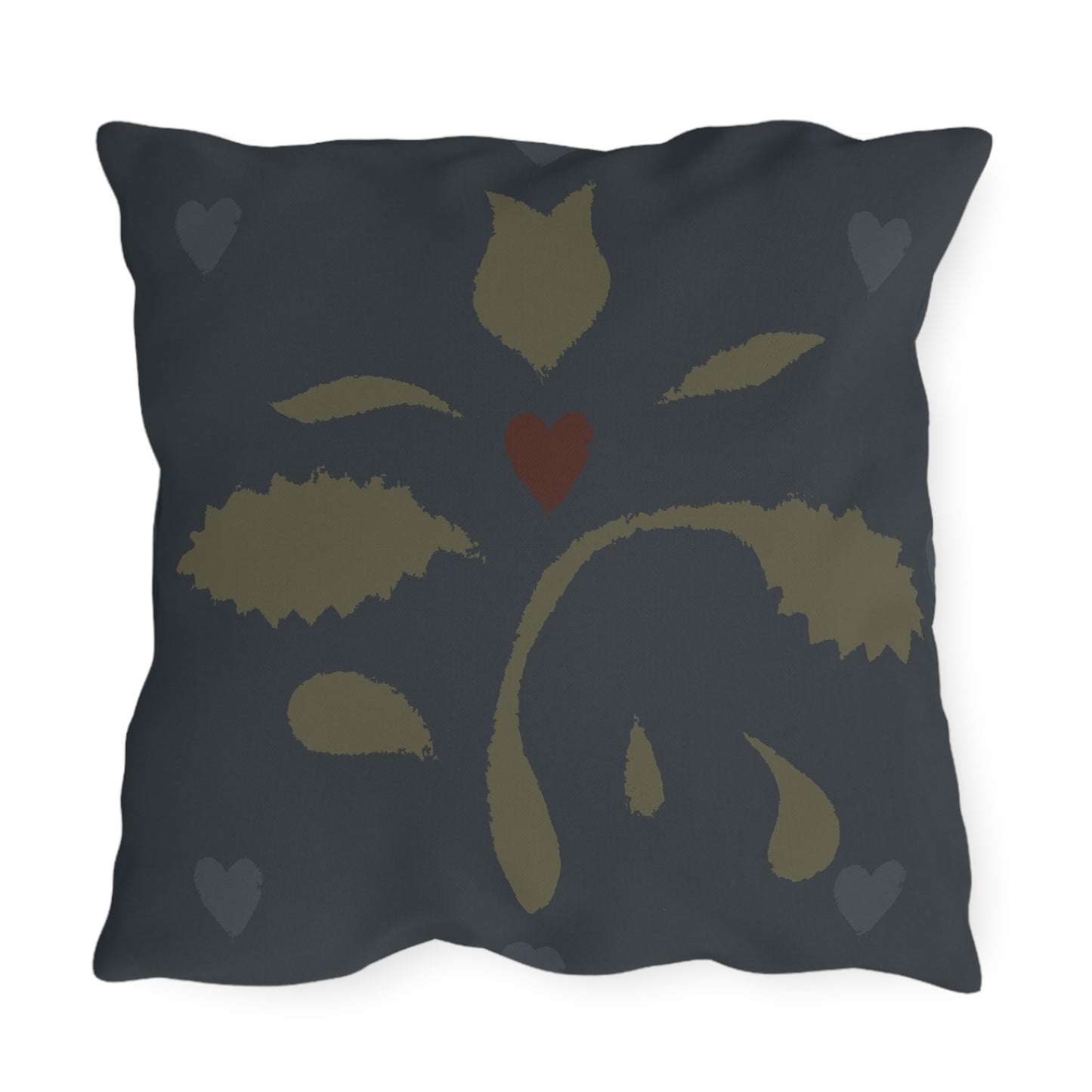 Leaves and Hearts on Blue Early American Stencil Outdoor Pillows