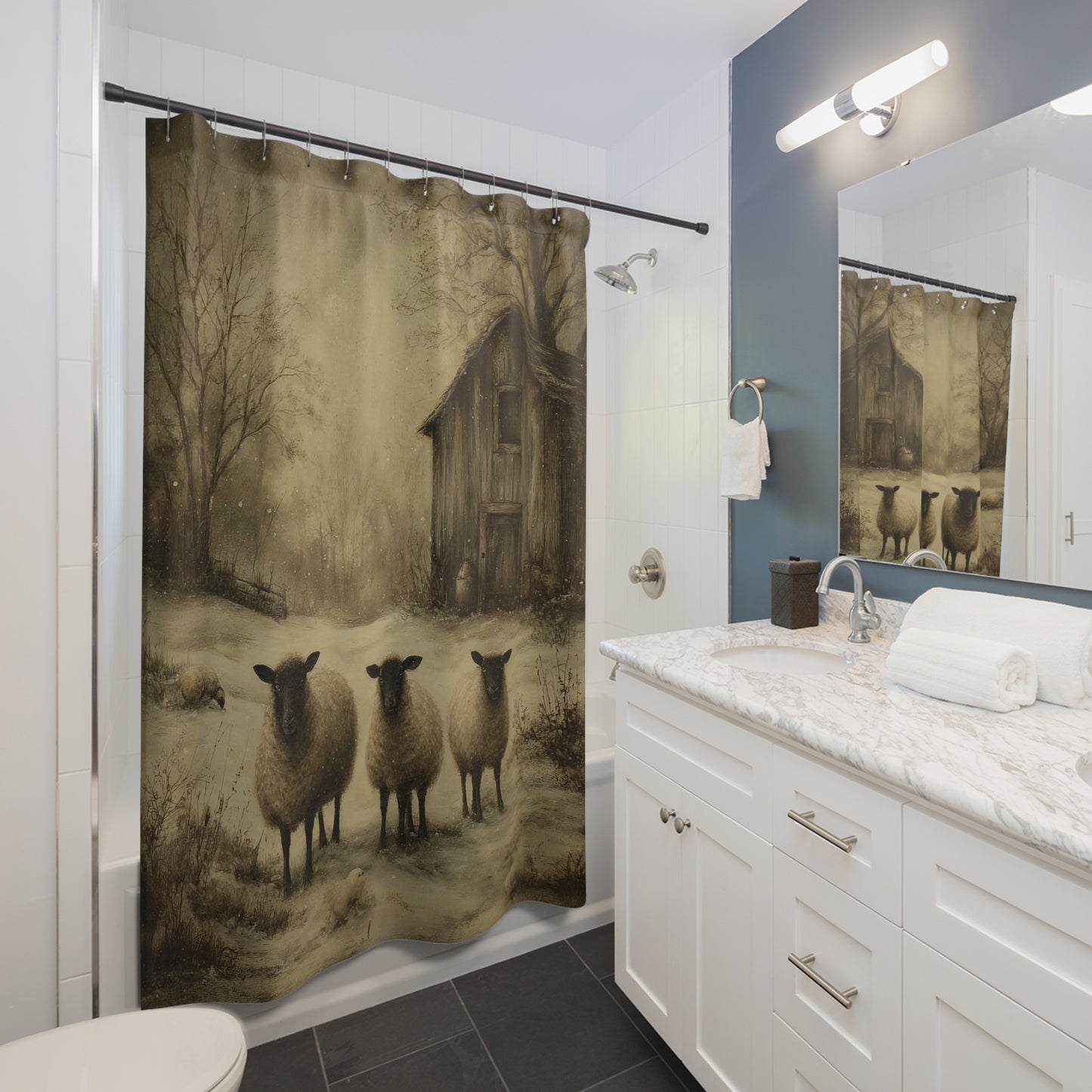 Rustic Farmhouse Shower Curtain, Cozy Bathroom Decor, Sheep Design,