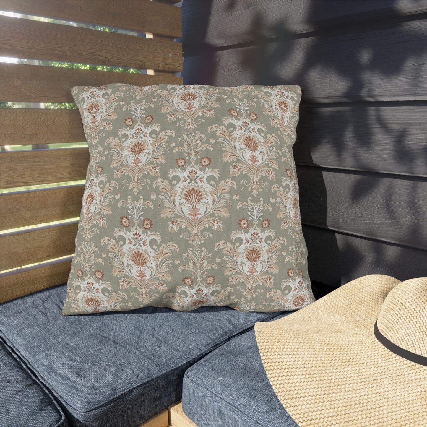 Green and Gold Damask Outdoor Pillows