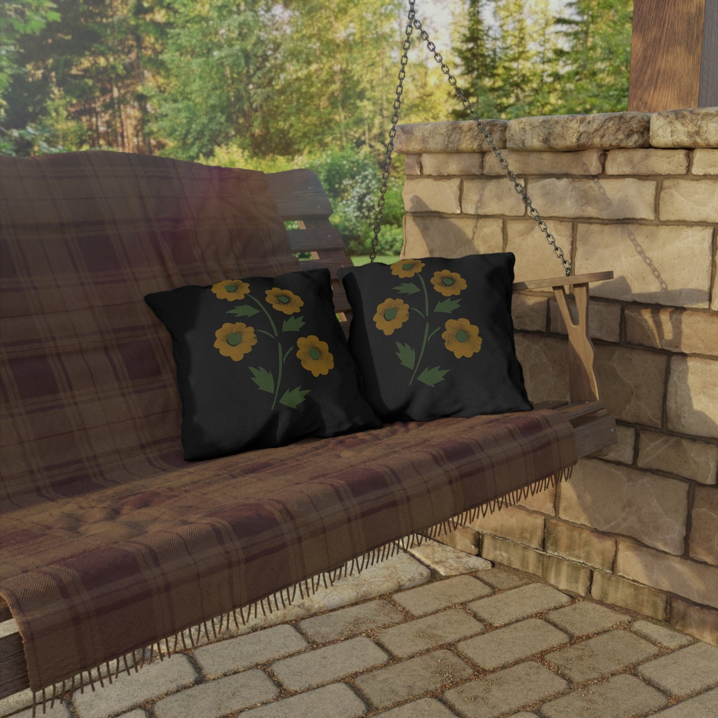 Stencil Flowers on Black Outdoor Pillows