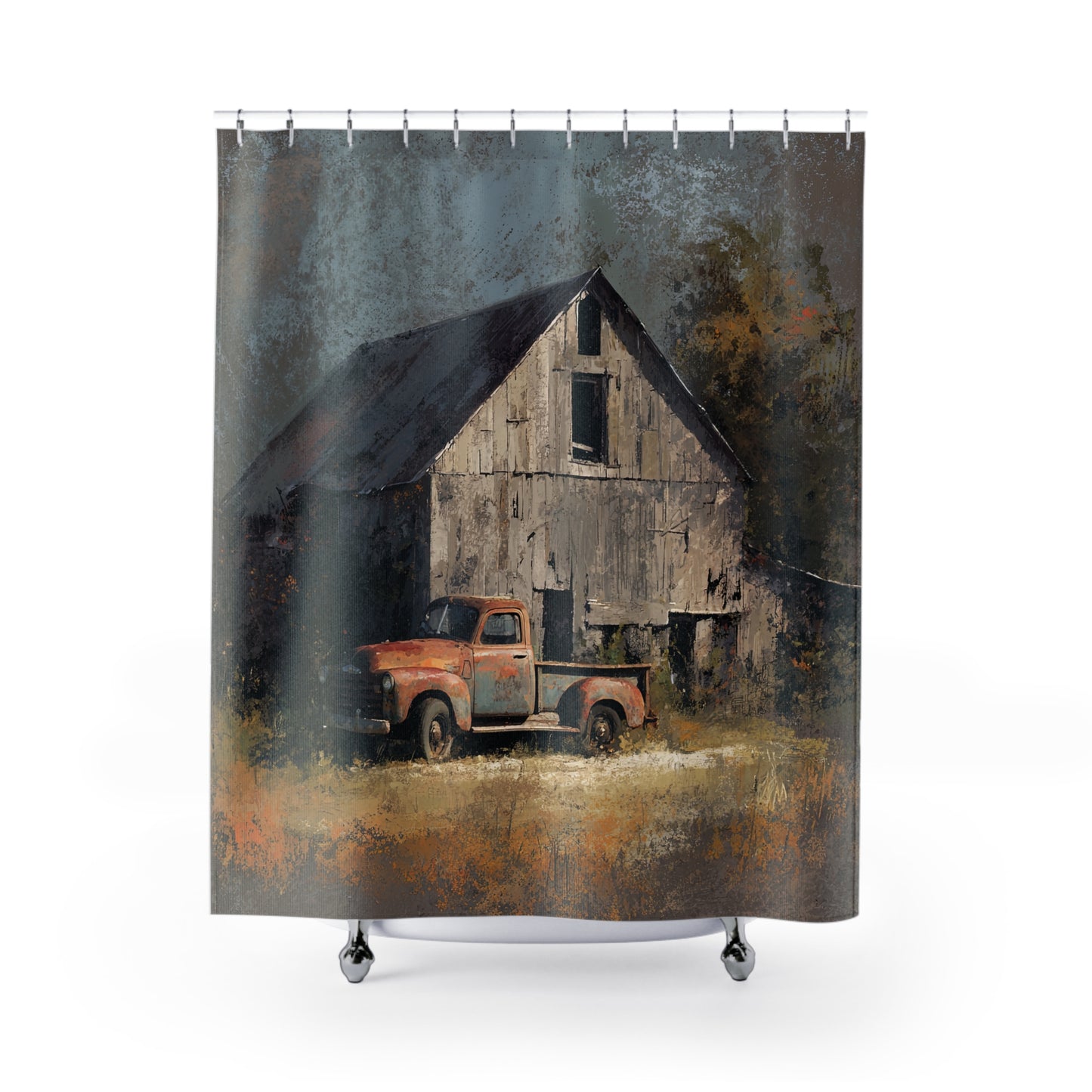 Rustic Barn Shower Curtain, Farmhouse Decor, Vintage Truck Design, Country Style