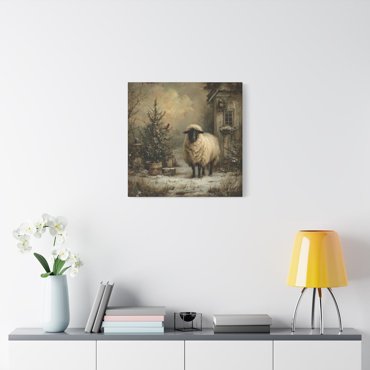 Cozy Farmhouse Canvas Print, Rustic Home Decor, Christmas Wall Art, Sheep Artwork, Winter Landscape Decor, Gift for Animal Lovers