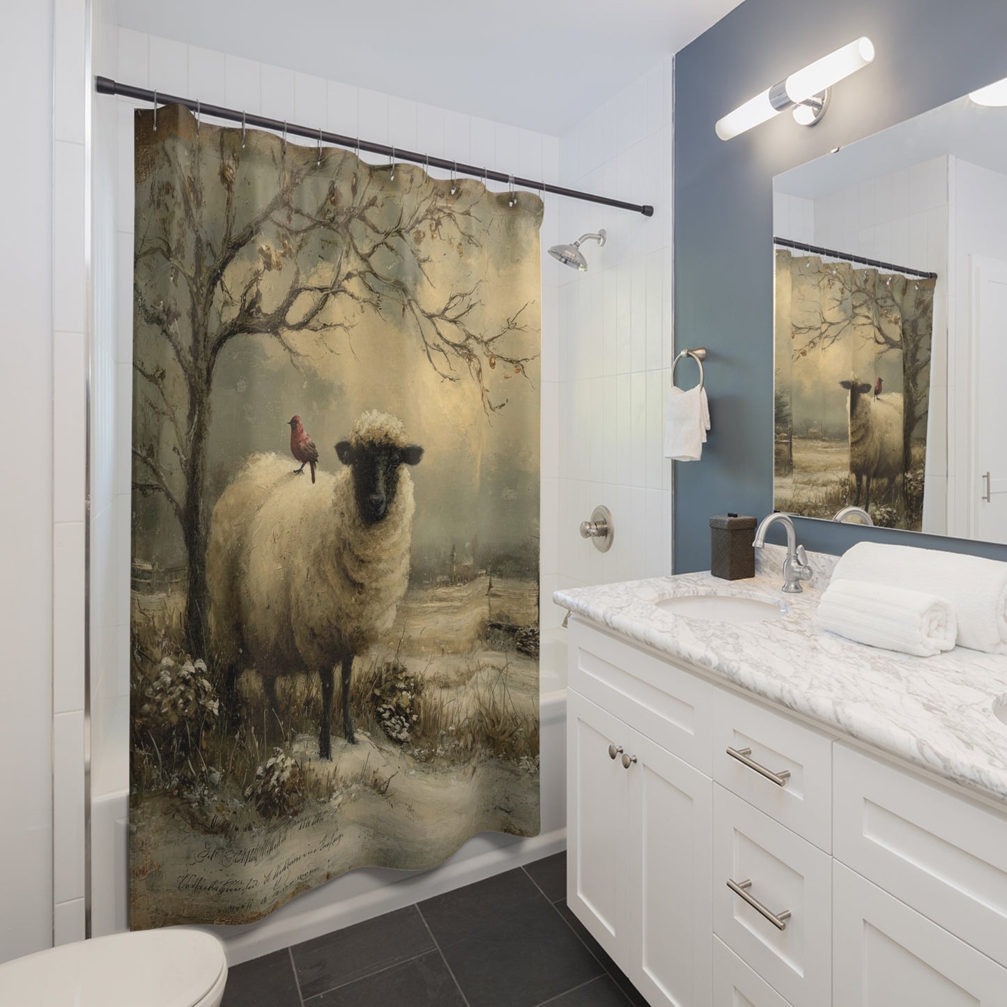 Rustic Animal Shower Curtain with Sheep and Cardinal Design, Farmhouse Decor, Bathroom Accessories, Gift for Nature Lovers, Cozy Home