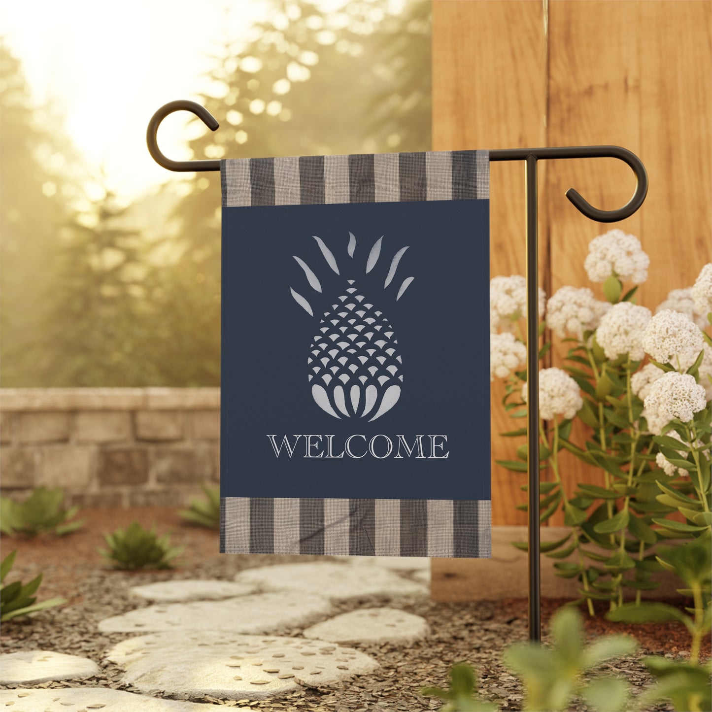 Blue and White Stripped Stencil Pineapple Garden & House Banner