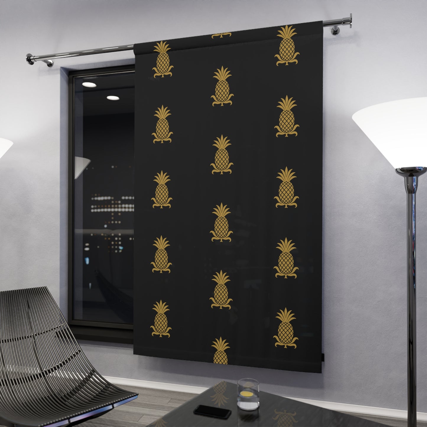 Tropical Pineapple Window Curtains, Black and Gold Home Decor, Tropical Vibe, Modern Curtain, Summer Accent Decor, Pineapple Pattern