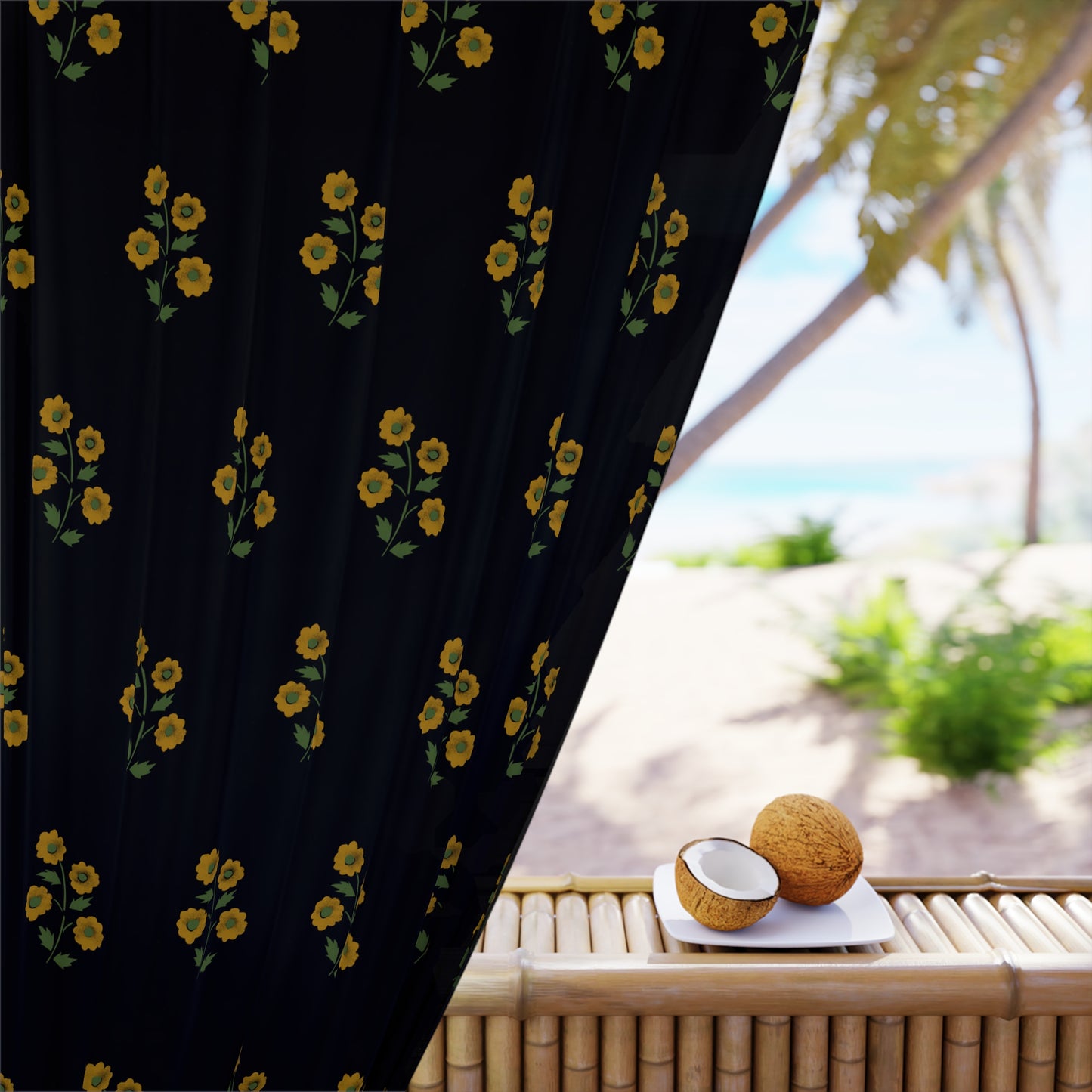 Stencilled Flowers on Black Small Print Window Curtains (1 Piece)