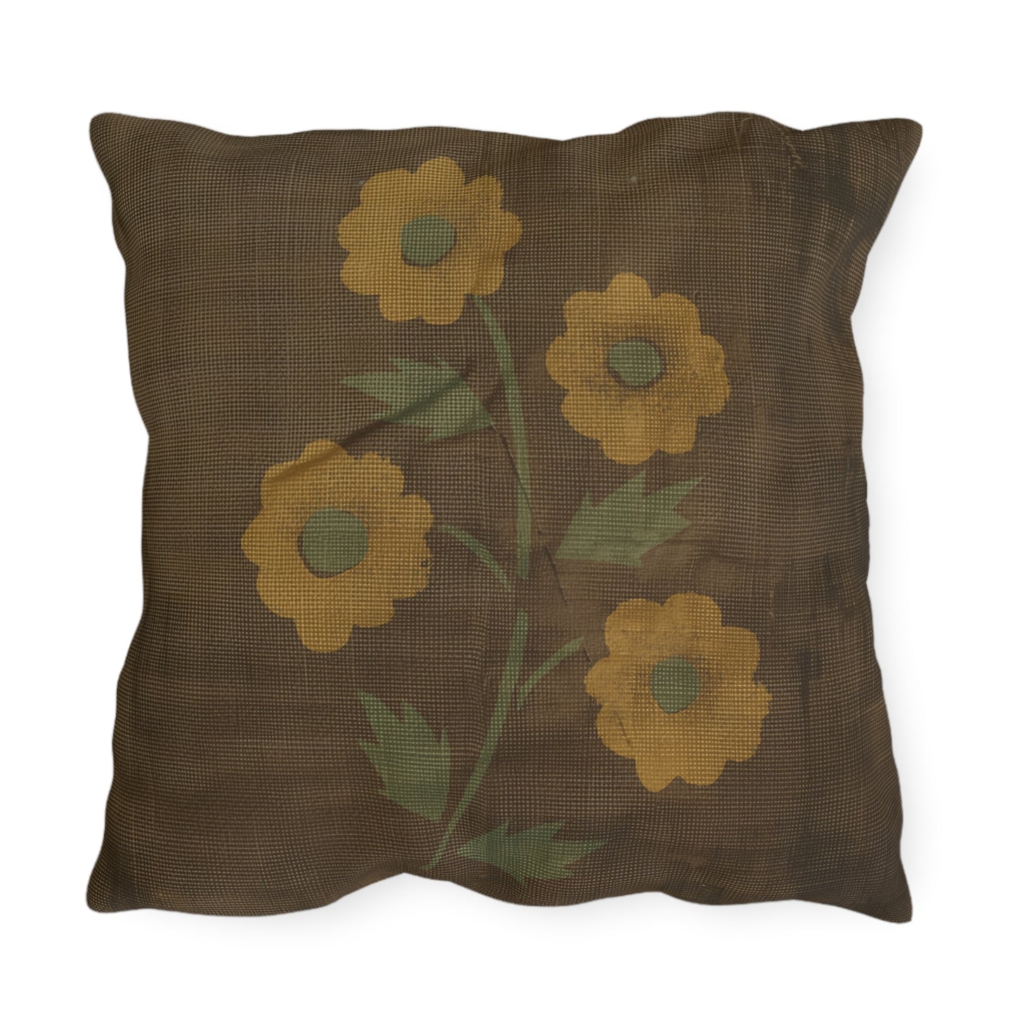 Primitive Distressed Stencil Flower on Brown Outdoor Pillows