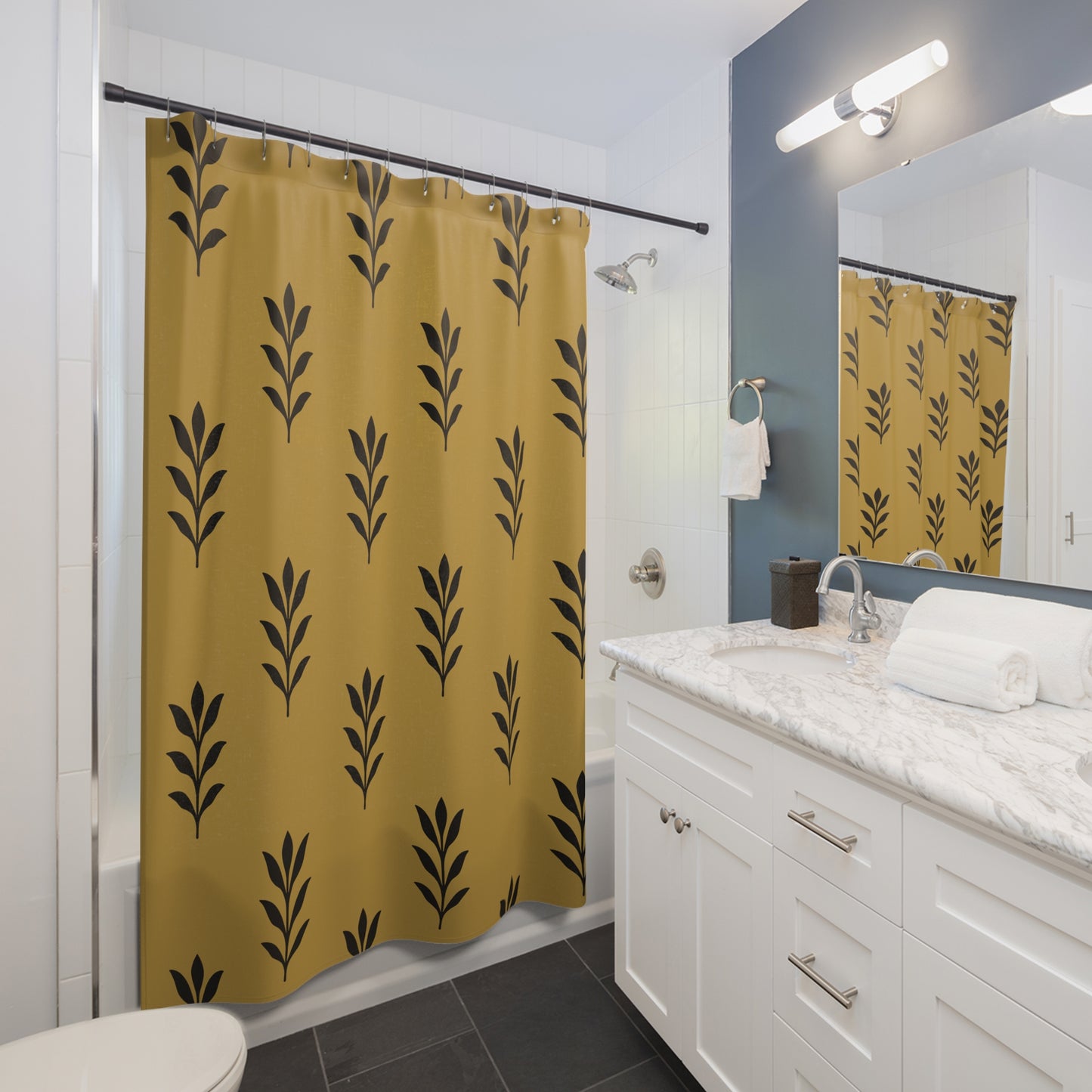 Mustard and Black Stencil Leaf Shower Curtain, Bathroom Decor, Leaf Print Curtain, Unique Home Accessory,