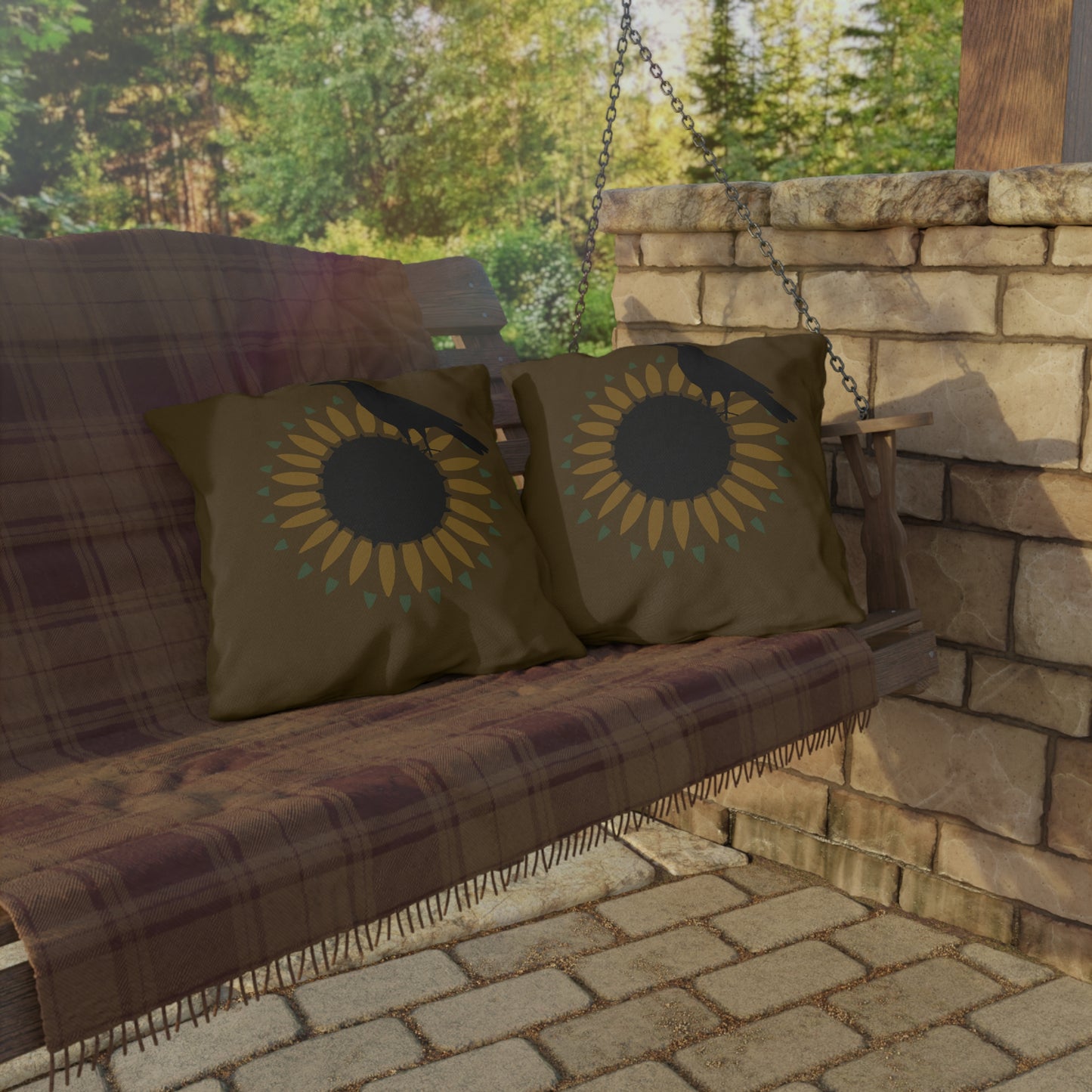 Sunfloer and Crow on Deep Putty Outdoor Pillows