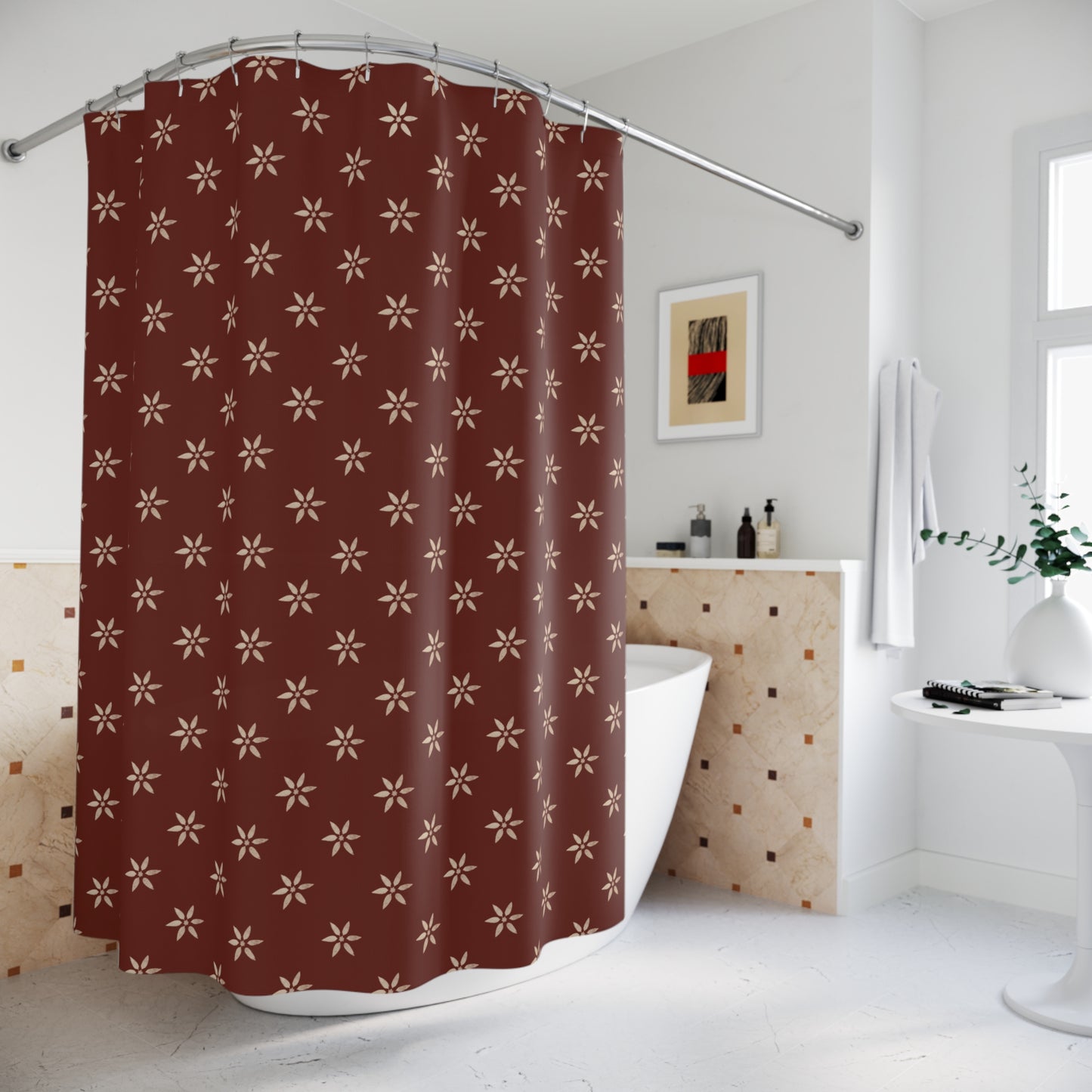 Cream Flower Stencil on Brick Red Shower Curtains