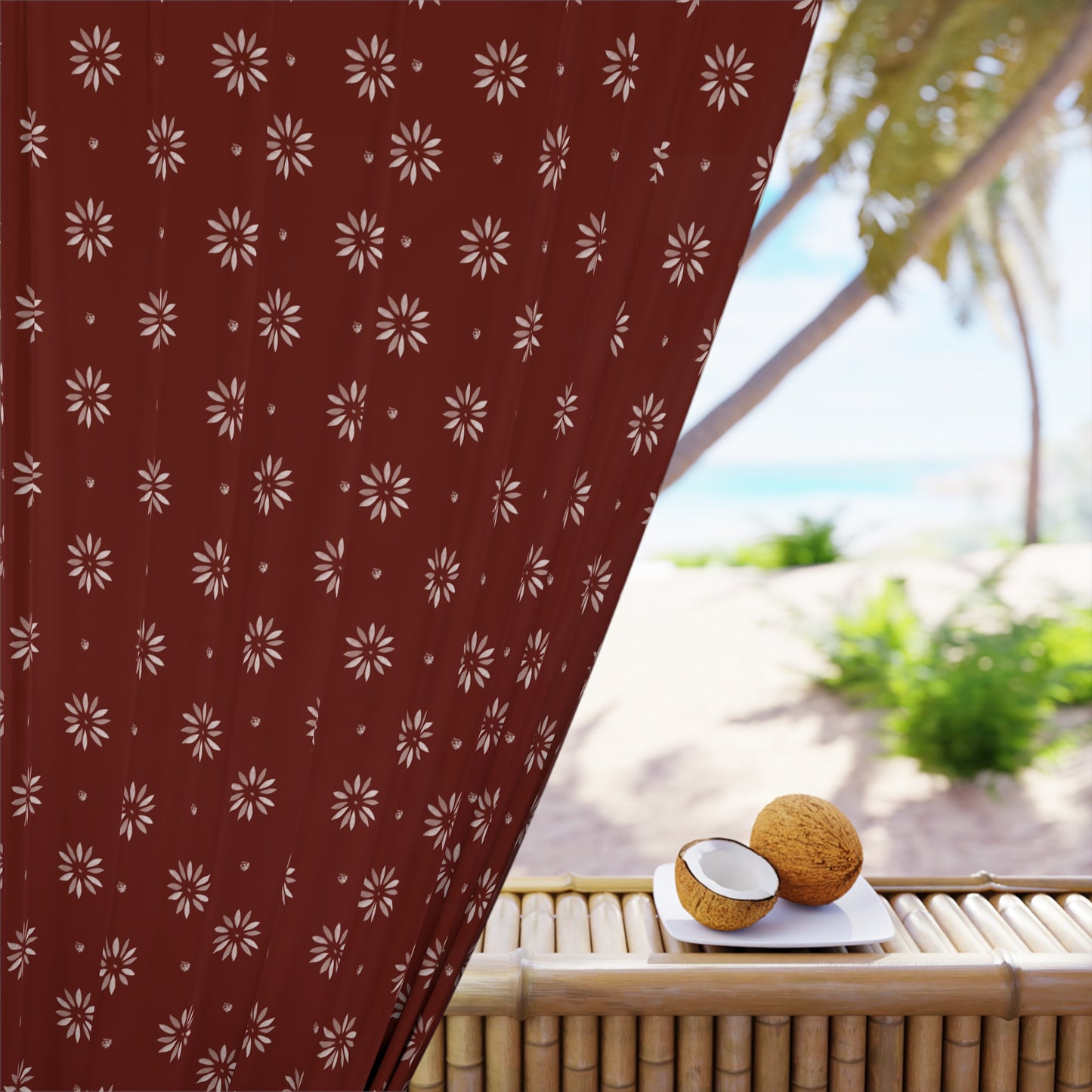 White Stencil on Maroon Background Window Curtains (1 Piece)