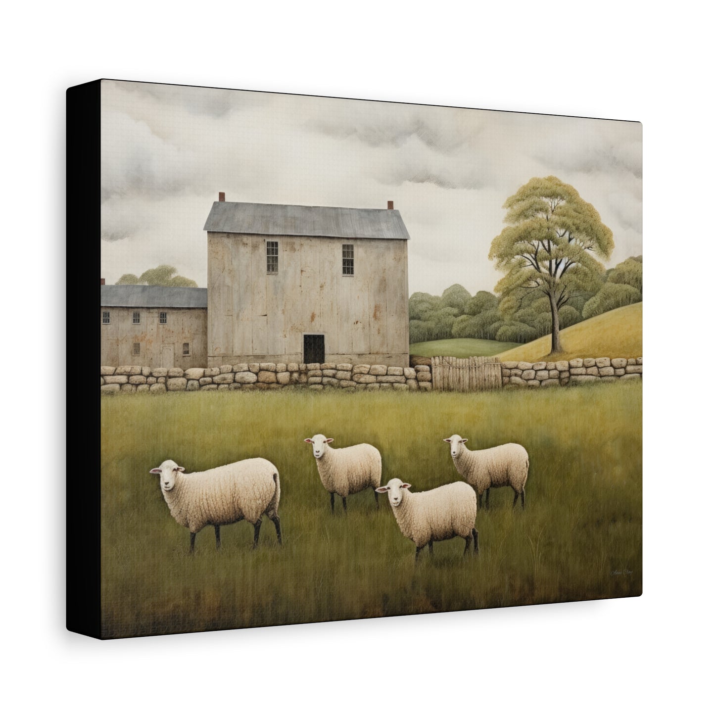 Rustic Farmhouse Canvas Wall Art with Sheep Landscape
