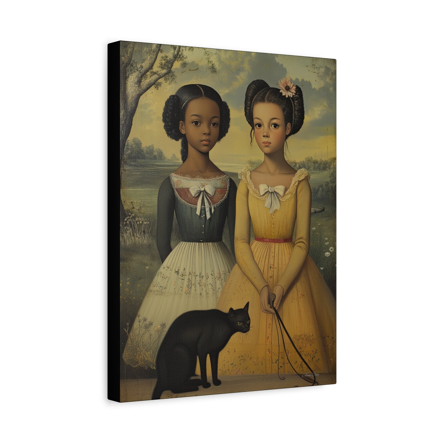 Canvas Wall Art, Timeless Sisters and Black Cat Portrait, Home Decor, Art Gift for Her, Vintage-Inspired Decoration