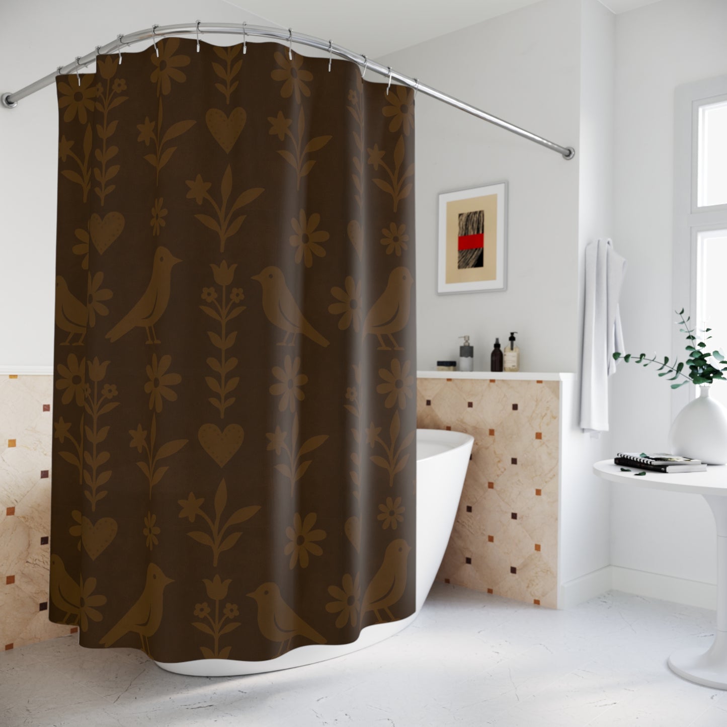 Chic Floral Shower Curtain with Birds, Boho Bathroom Decor, Nature-Inspired Design,Busy Birds Stencil Pattern, Primitive, Colonial Rustic Decor