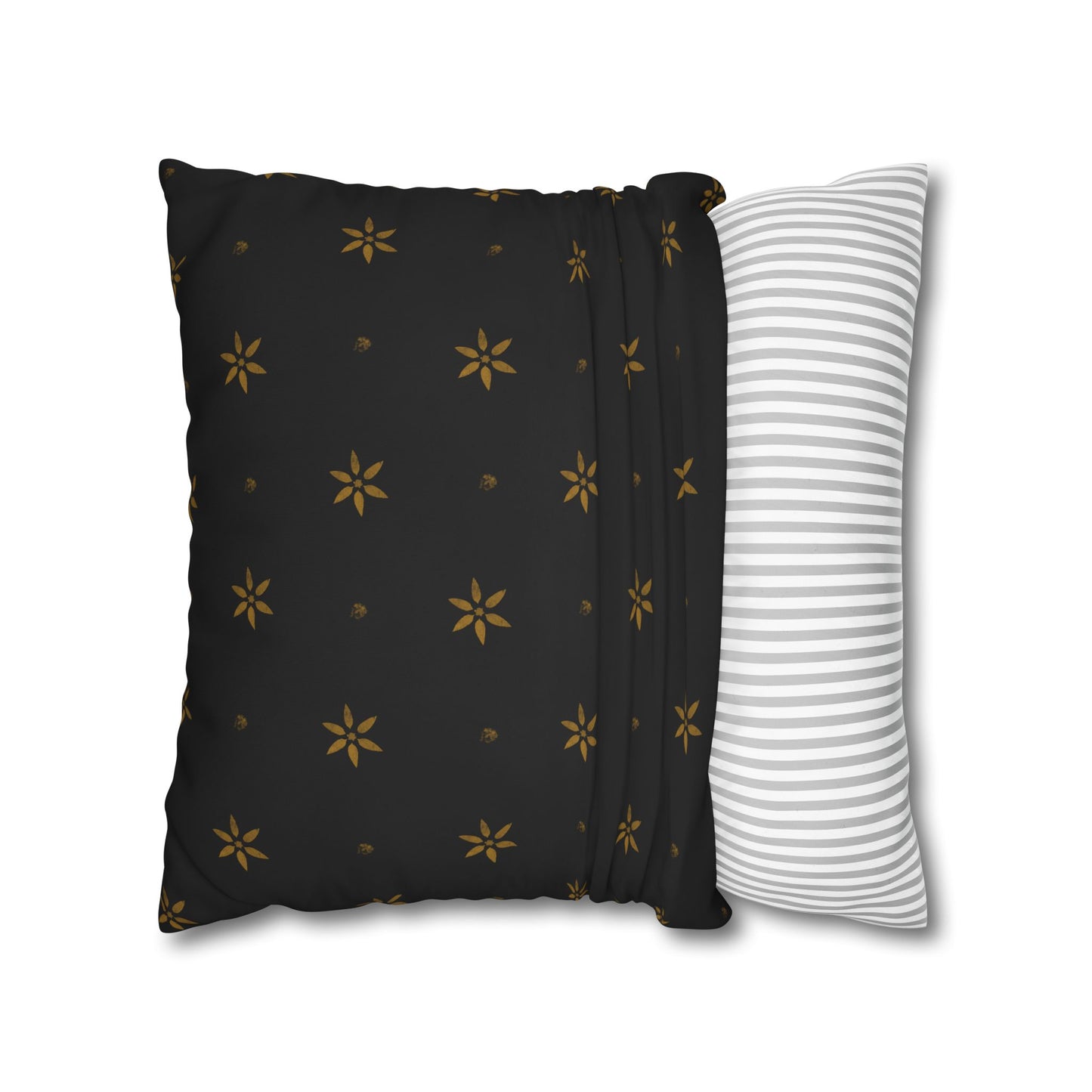 Stencilled Mustard Petals on Black Square Poly Canvas Pillowcase