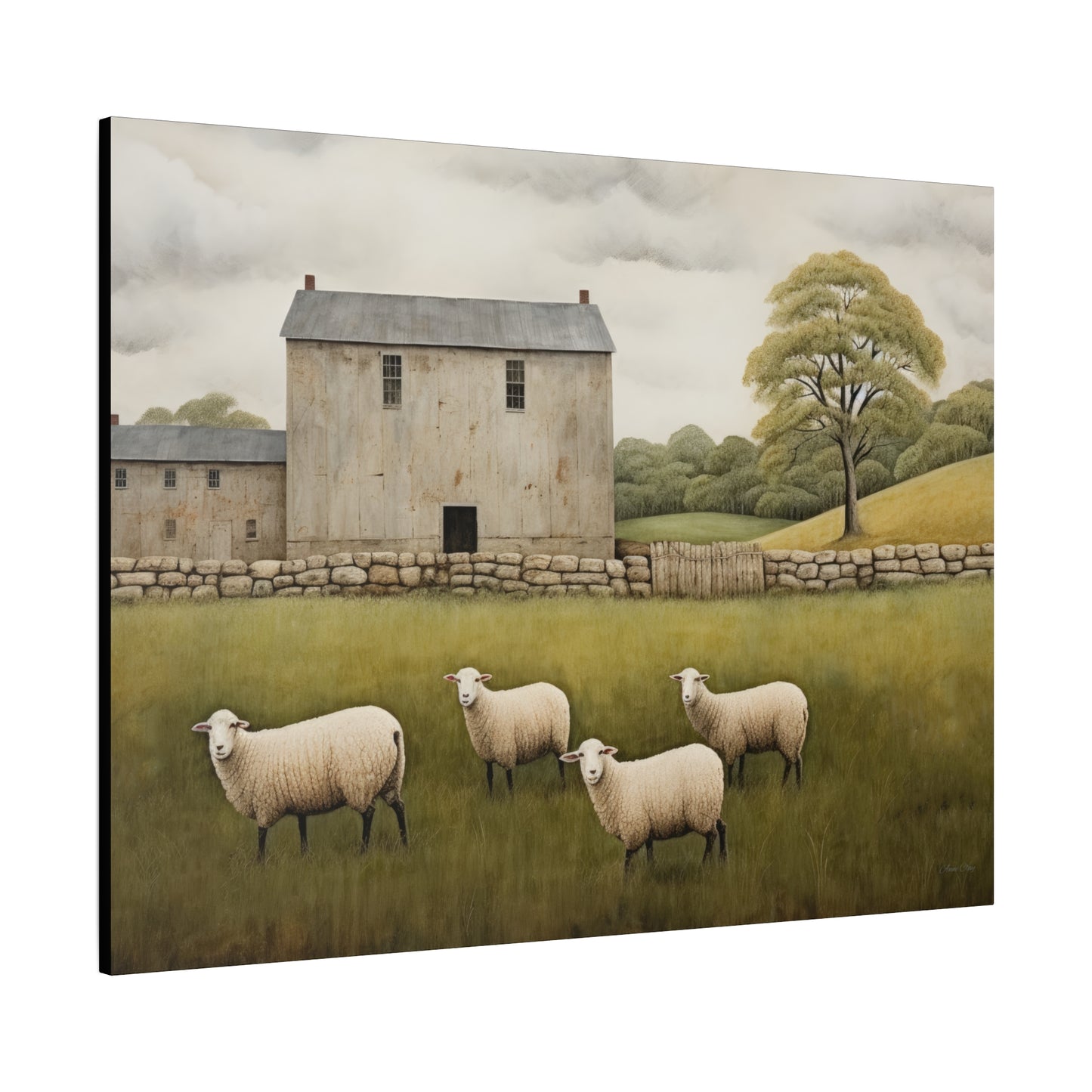 Rustic Farmhouse Canvas Wall Art with Sheep Landscape