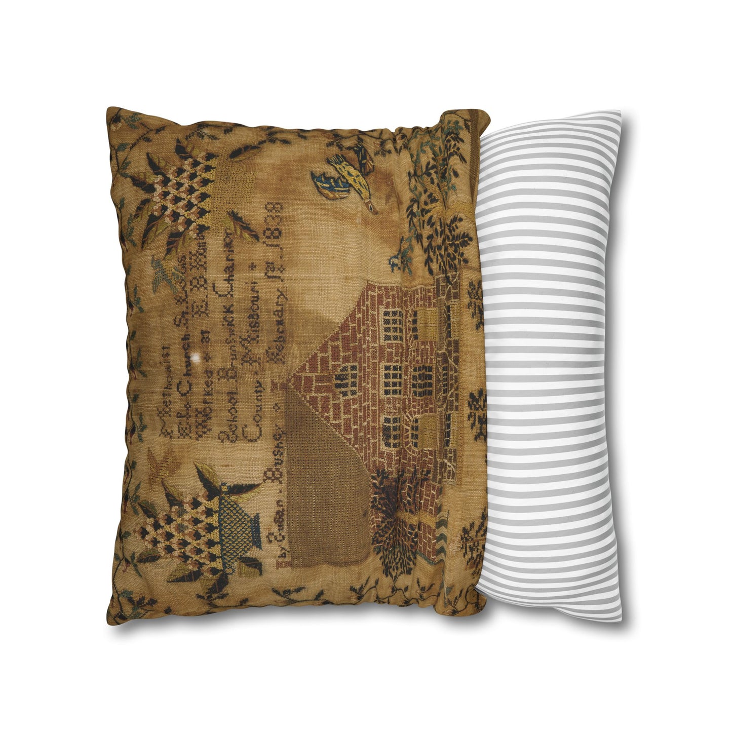 Vintage-Inspired Square Poly Canvas Pillowcase - Rustic Home Decor with Historic Schoolhouse Design