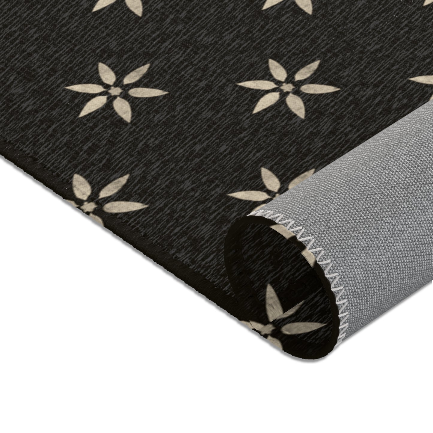 Large Cream Stencil Petals on Black Stylish Floral Area Rug, Cozy Home Decor, Modern Living Room Accent,