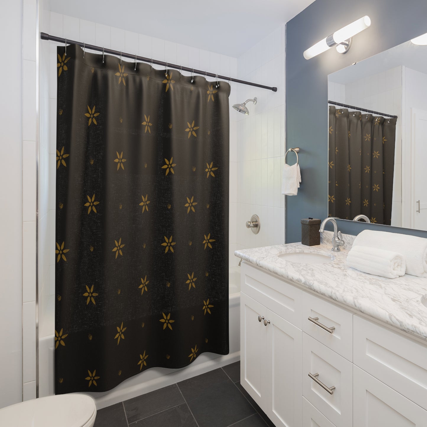 Stenciled Mustard Petals on Black Shower Curtains