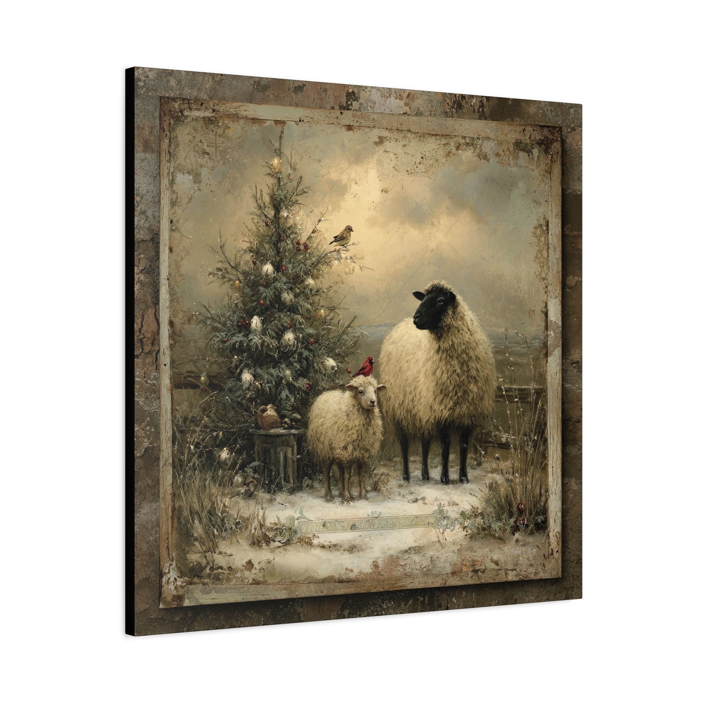 Rustic Sheep Art Canvas Print, Farmhouse Decor, Holiday Wall Art, Cozy Home Vibe, Christmas Sheep Painting, Farmhouse Wall Art