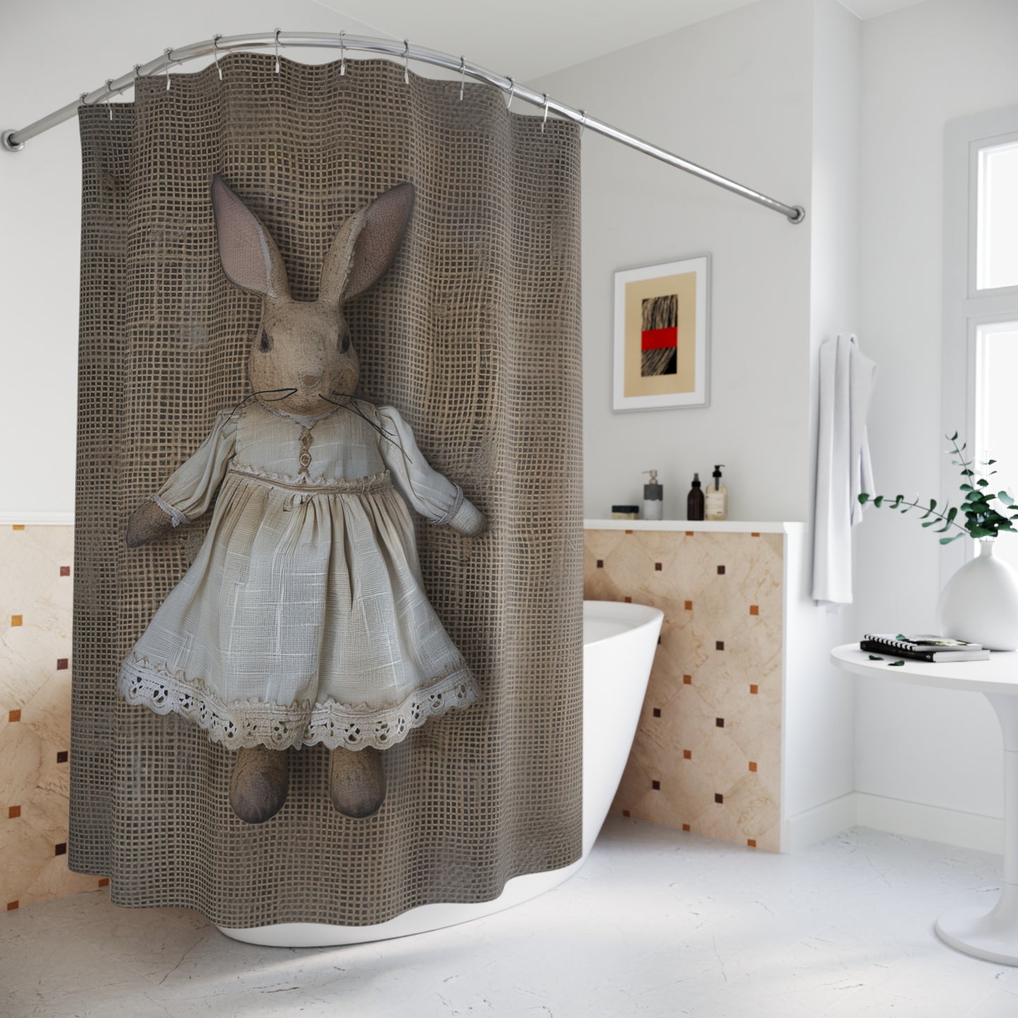 Vintage Bunny Shower Curtain - Rustic Bathroom Decor