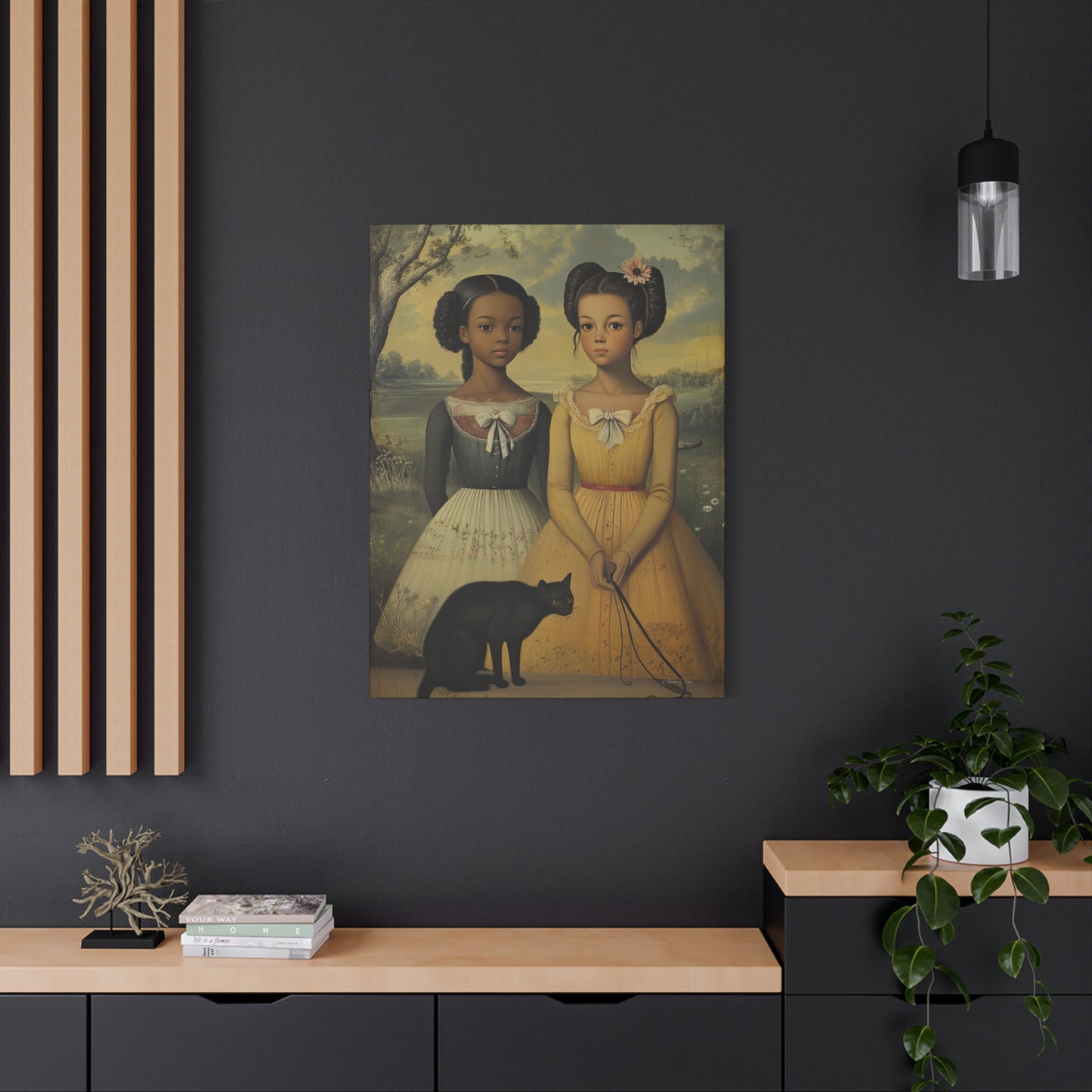 Canvas Wall Art, Timeless Sisters and Black Cat Portrait, Home Decor, Art Gift for Her, Vintage-Inspired Decoration