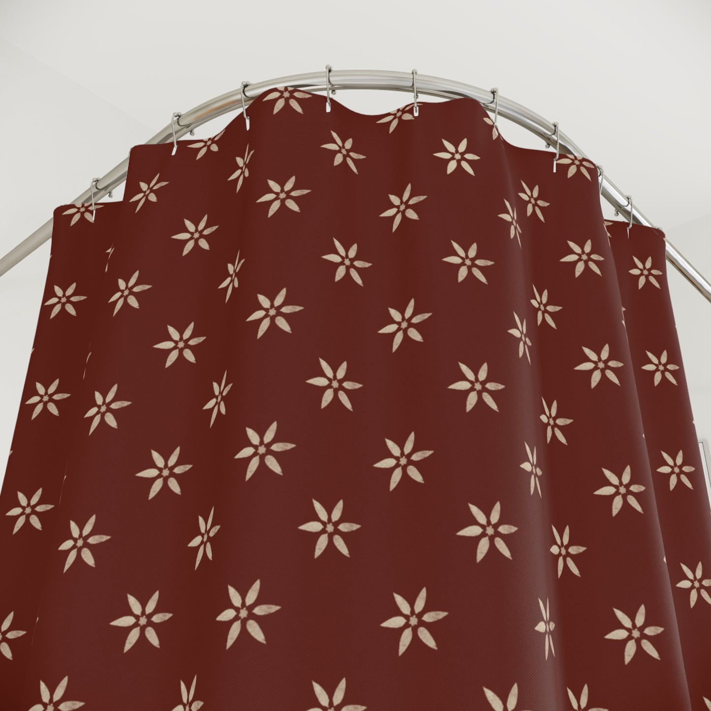 Cream Flower Stencil on Brick Red Shower Curtains