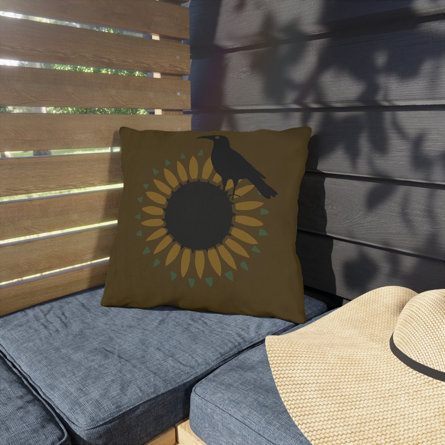 Sunfloer and Crow on Deep Putty Outdoor Pillows