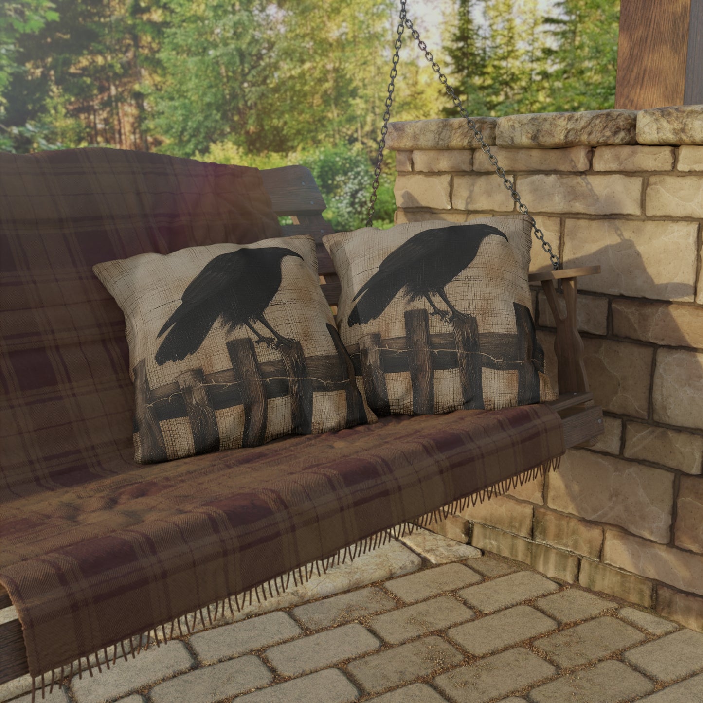 Black Crow on a Fence Outdoor Pillows