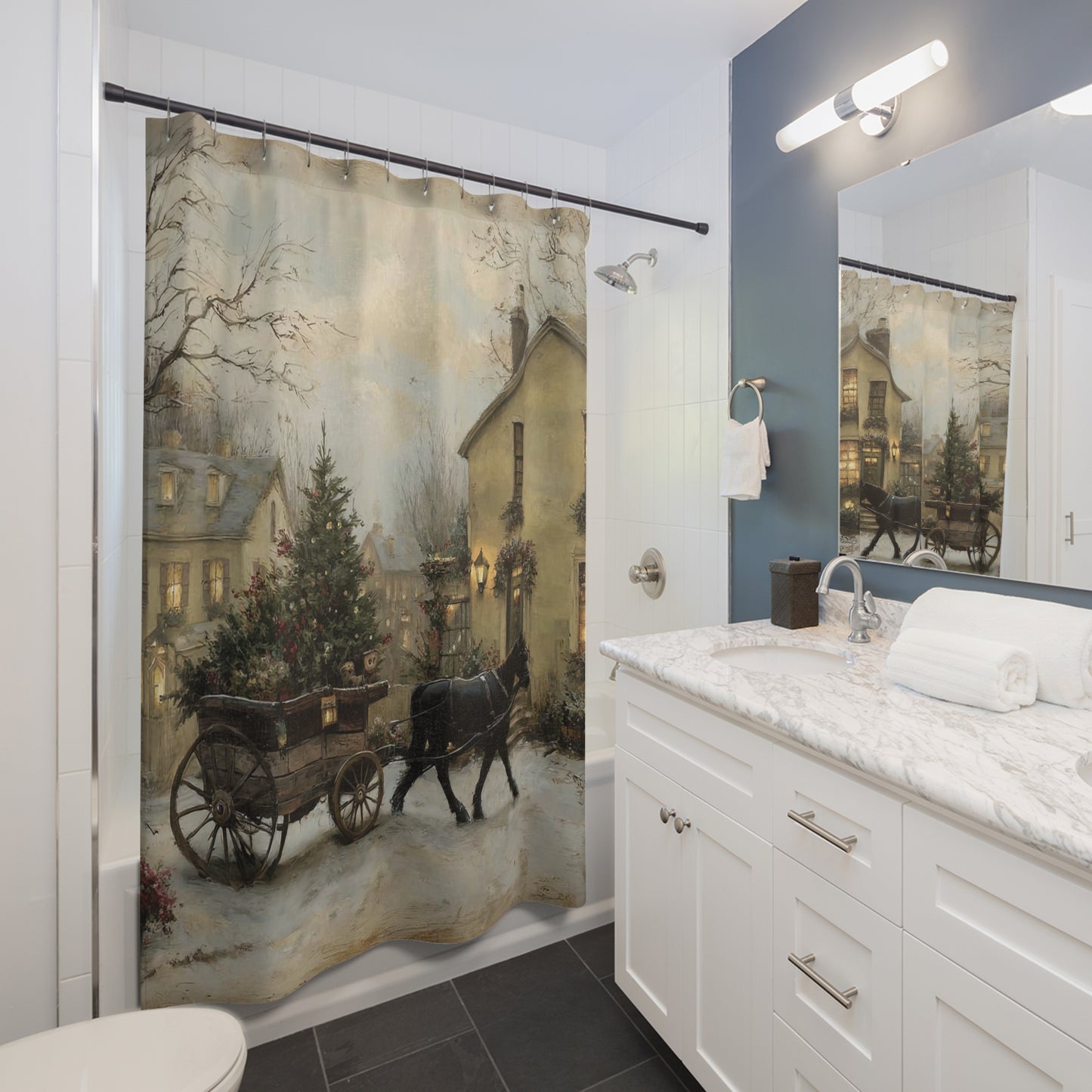 Winter Wonderland Shower Curtain, Cozy Christmas Decor, Rustic Holiday Bathroom, Winter Home Aesthetic, Farmhouse Style