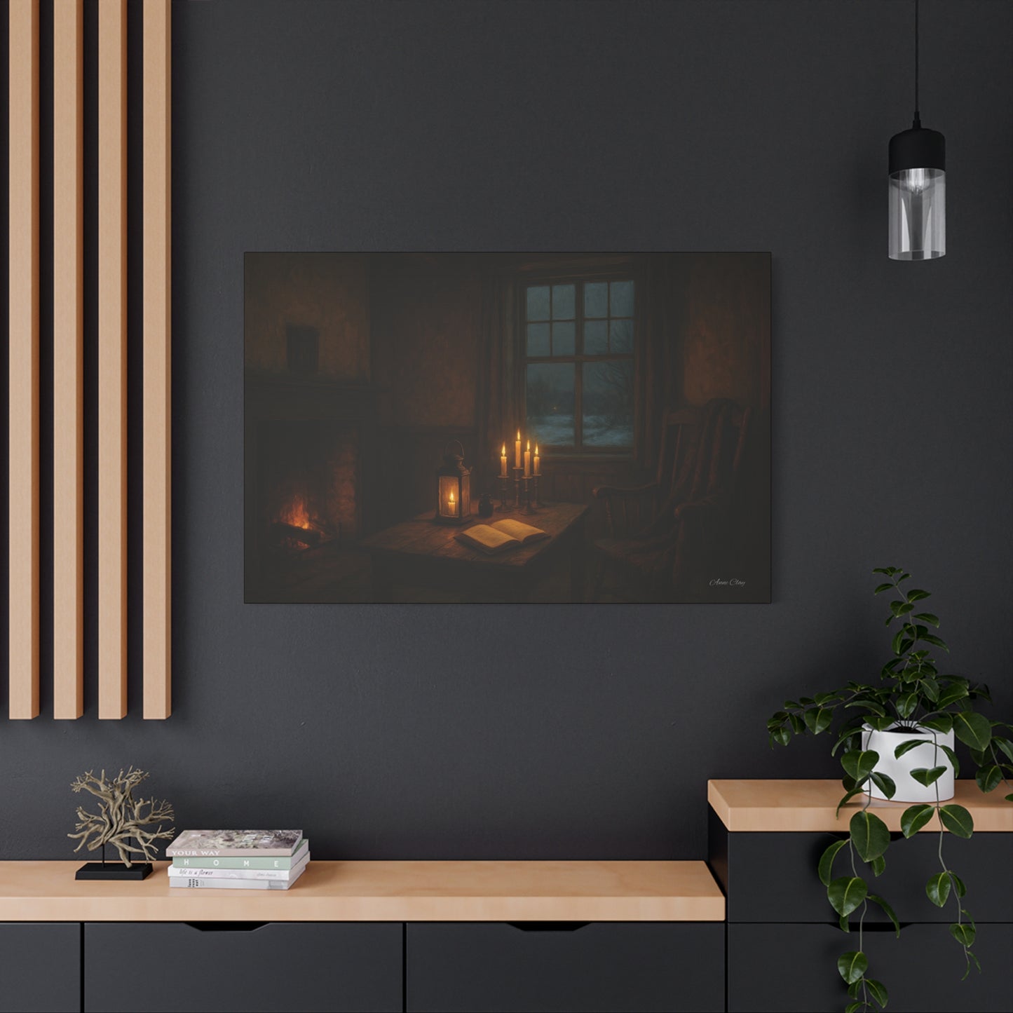 Cozy Candlelit Canvas Art, Home Decor, Warm Atmosphere, Gift for Book Lovers, Rustic Wall Art, Cozy Living Room Decor