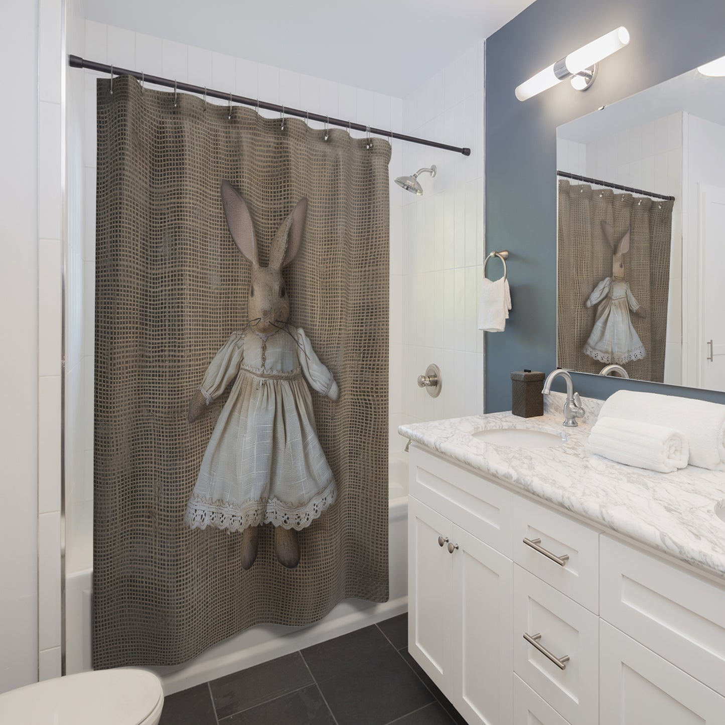 Vintage Bunny Shower Curtain - Rustic Bathroom Decor