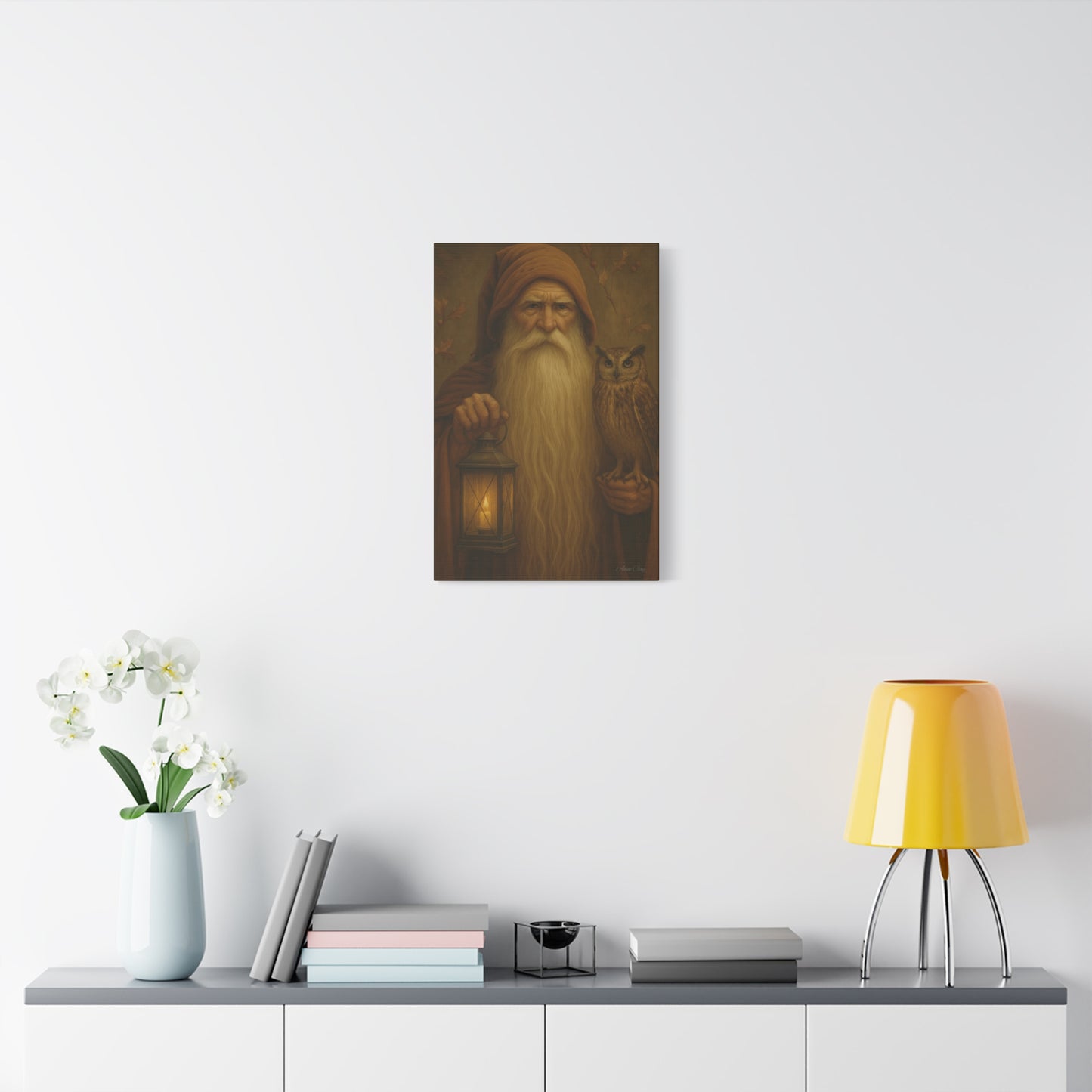Mystical Canvas Wall Art, Nature Decor, Wizard Artwork, Rustic Home Decor, Owl and Lantern Painting