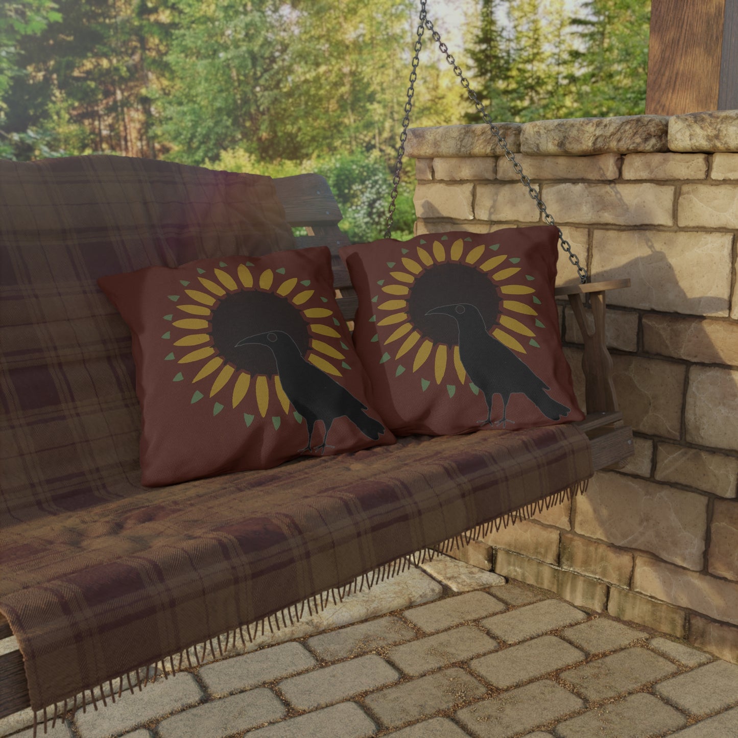 Crow on Sunflower Stencil on Red Outdoor Pillows