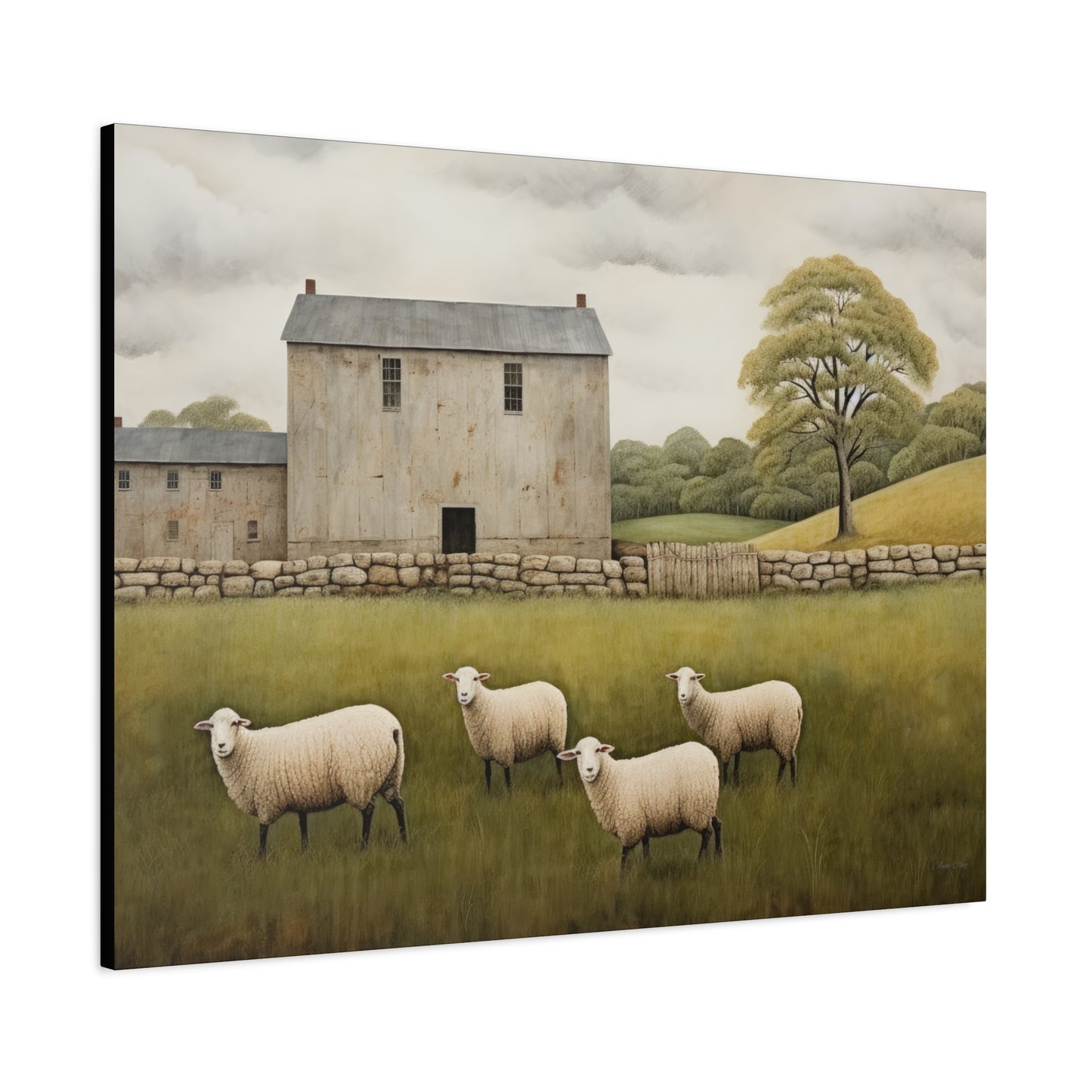 Rustic Farmhouse Canvas Wall Art with Sheep Landscape
