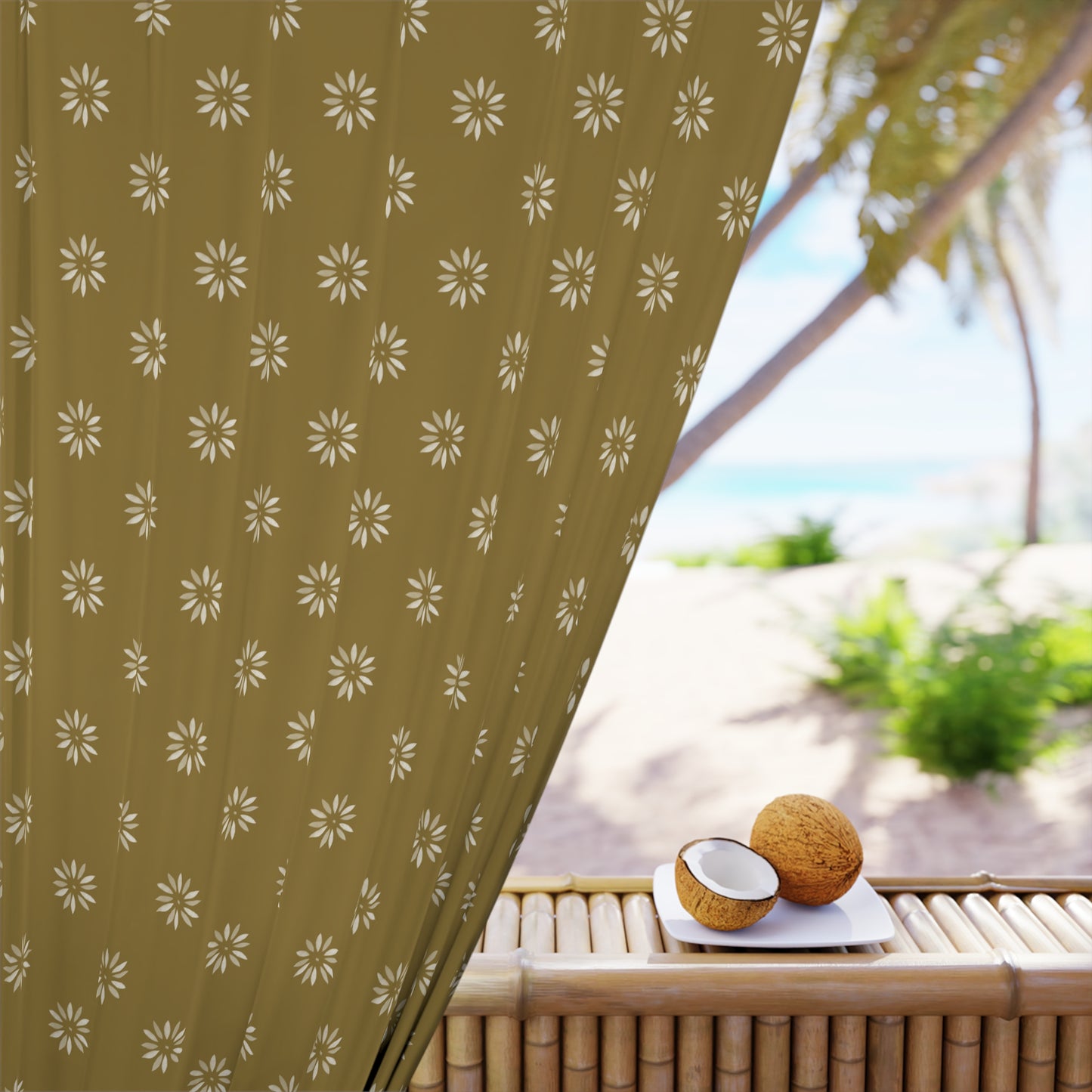 Tan Curtain with White Stencil Petals Window Curtains (1 Piece)