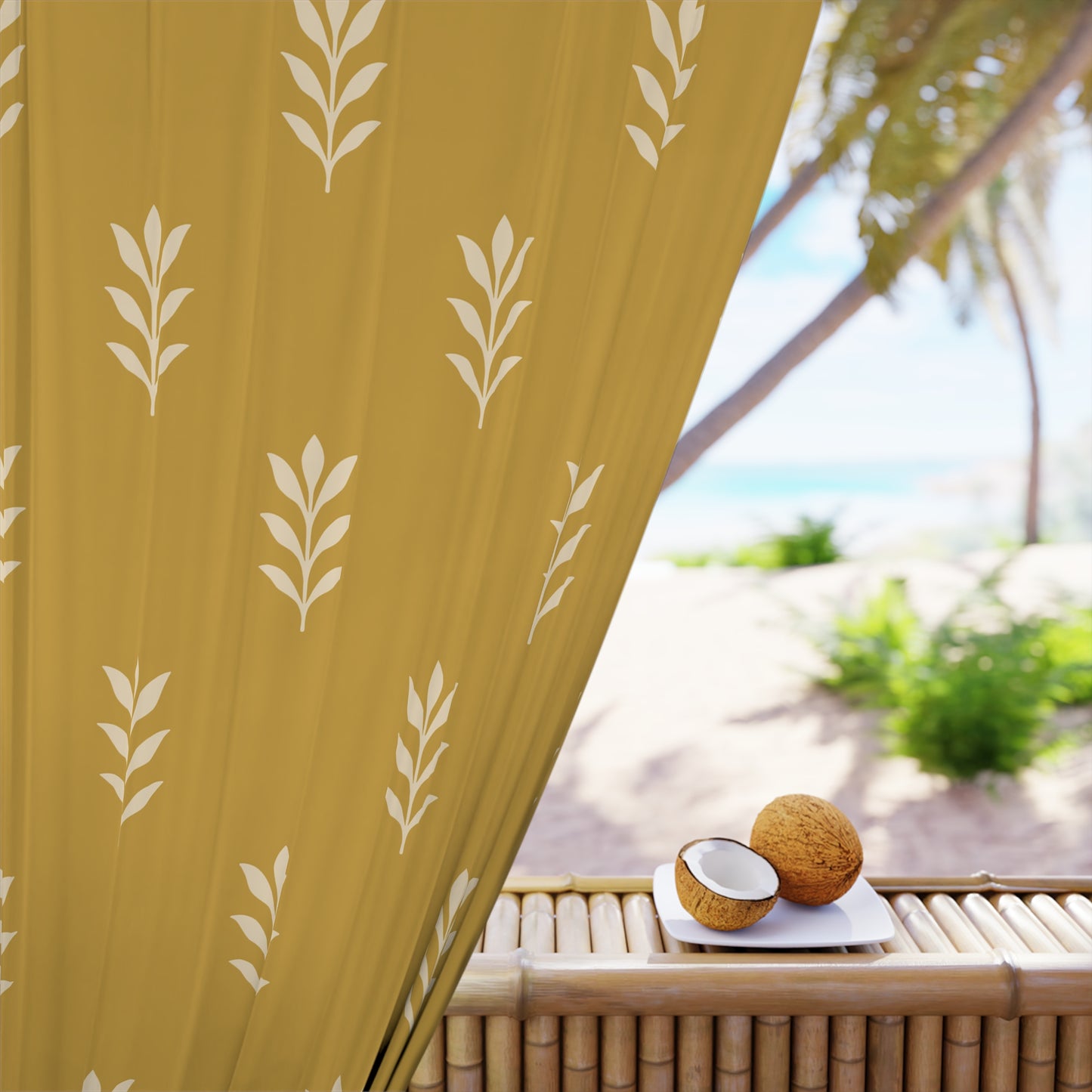 Cream on Mustard Stencil Primitive Window Curtain - Elegant Home Decor, Living Room Accent,
