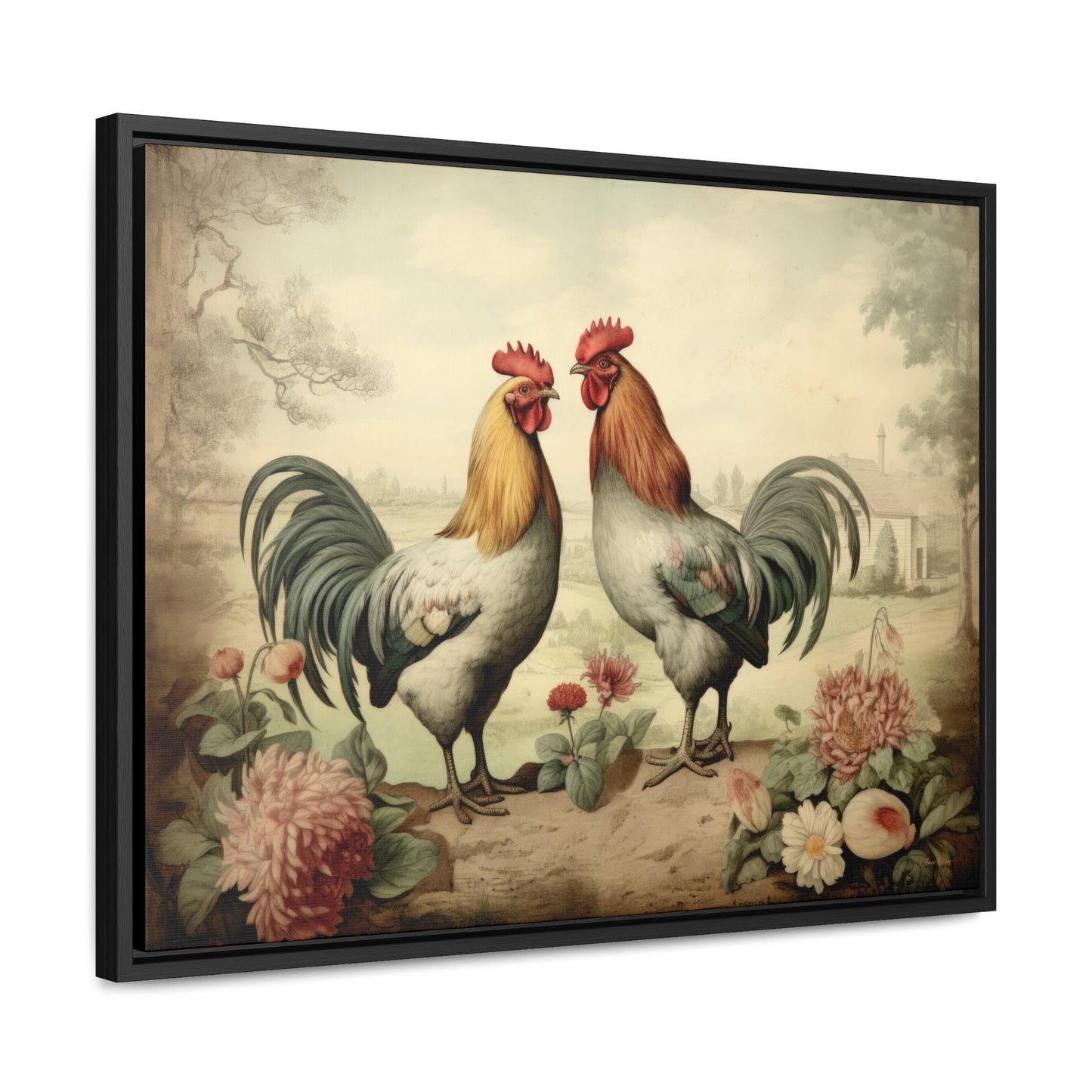 Framed Pastel Roosters Gallery Canvas Wraps, Horizontal Frame
