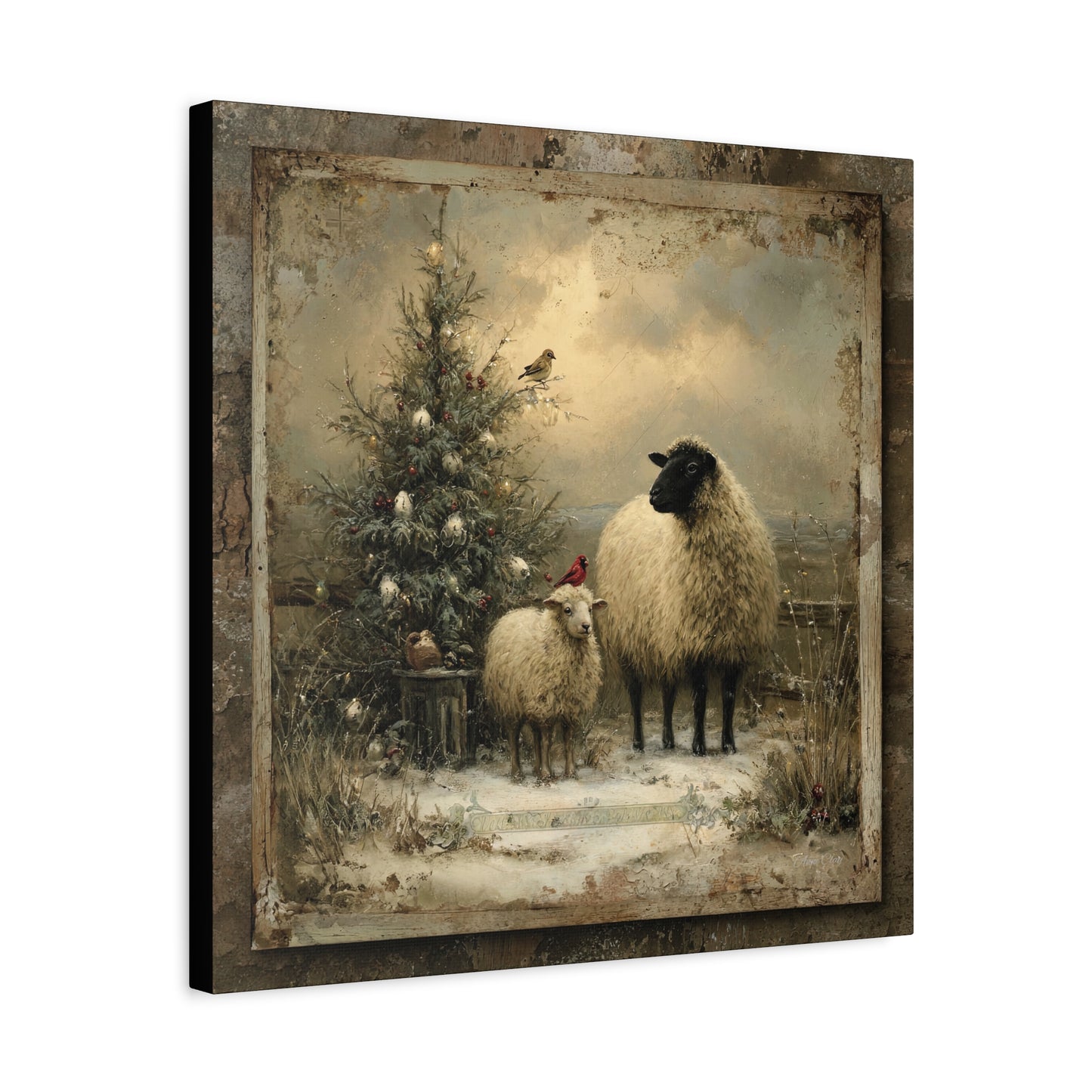 Rustic Sheep Art Canvas Print, Farmhouse Decor, Holiday Wall Art, Cozy Home Vibe, Christmas Sheep Painting, Farmhouse Wall Art