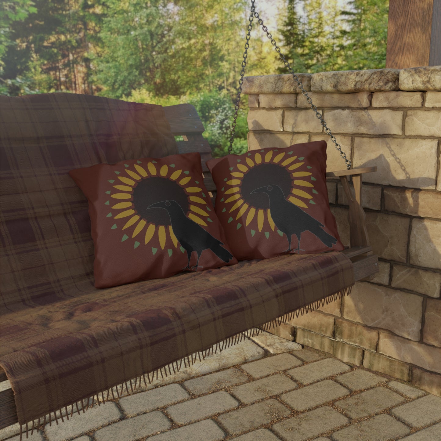 Crow on Sunflower Stencil on Red Outdoor Pillows