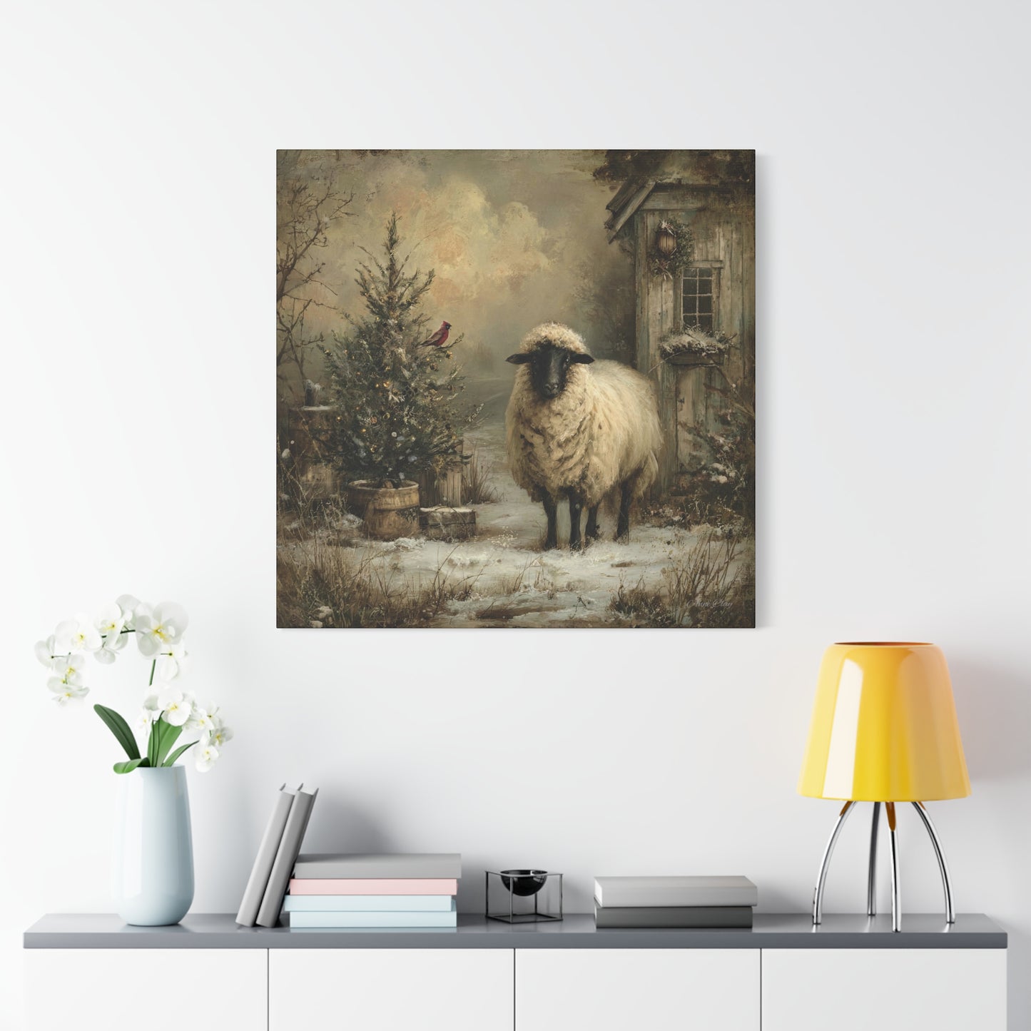 Cozy Farmhouse Canvas Print, Rustic Home Decor, Christmas Wall Art, Sheep Artwork, Winter Landscape Decor, Gift for Animal Lovers