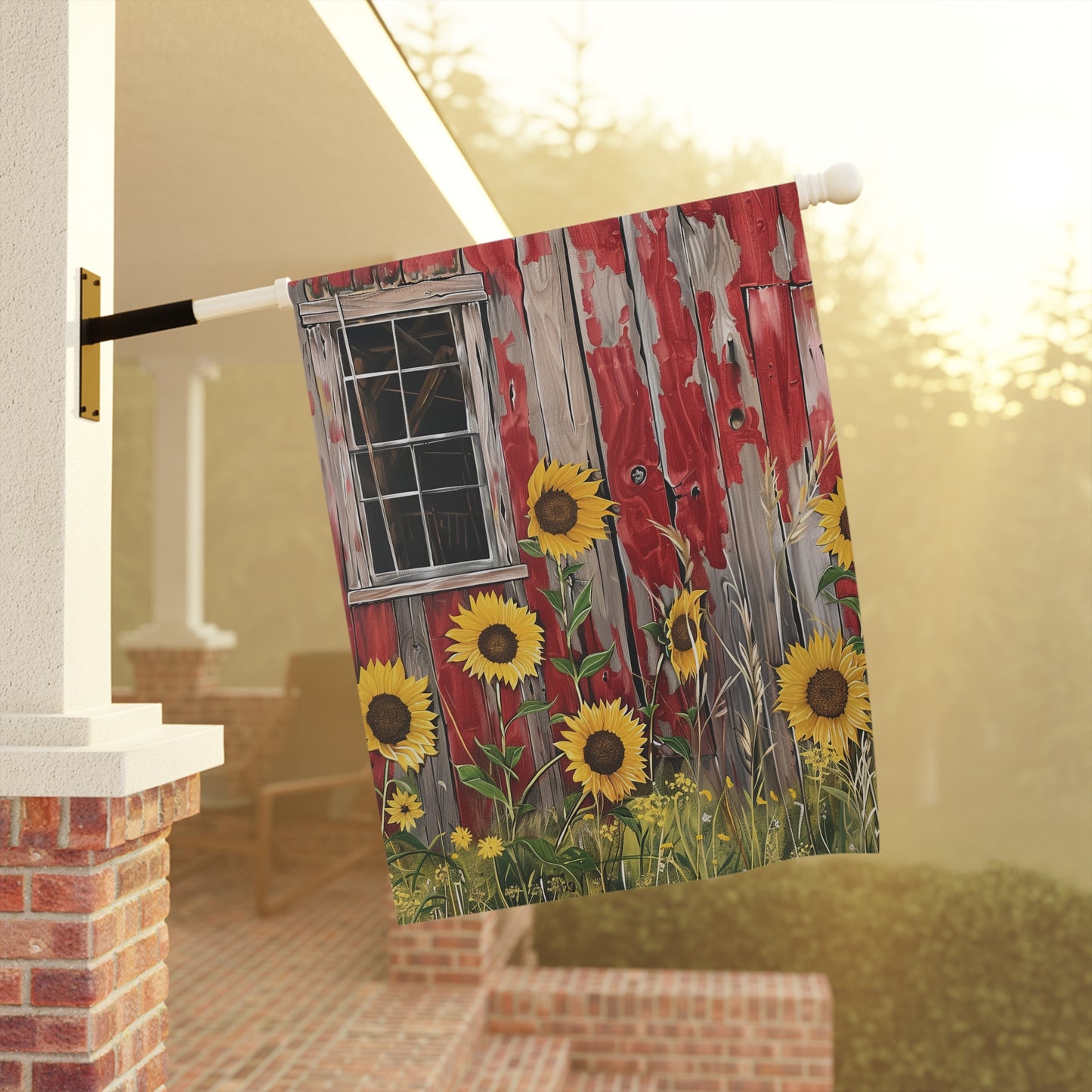Sunflowers on a Red Barn Garden & House Banner