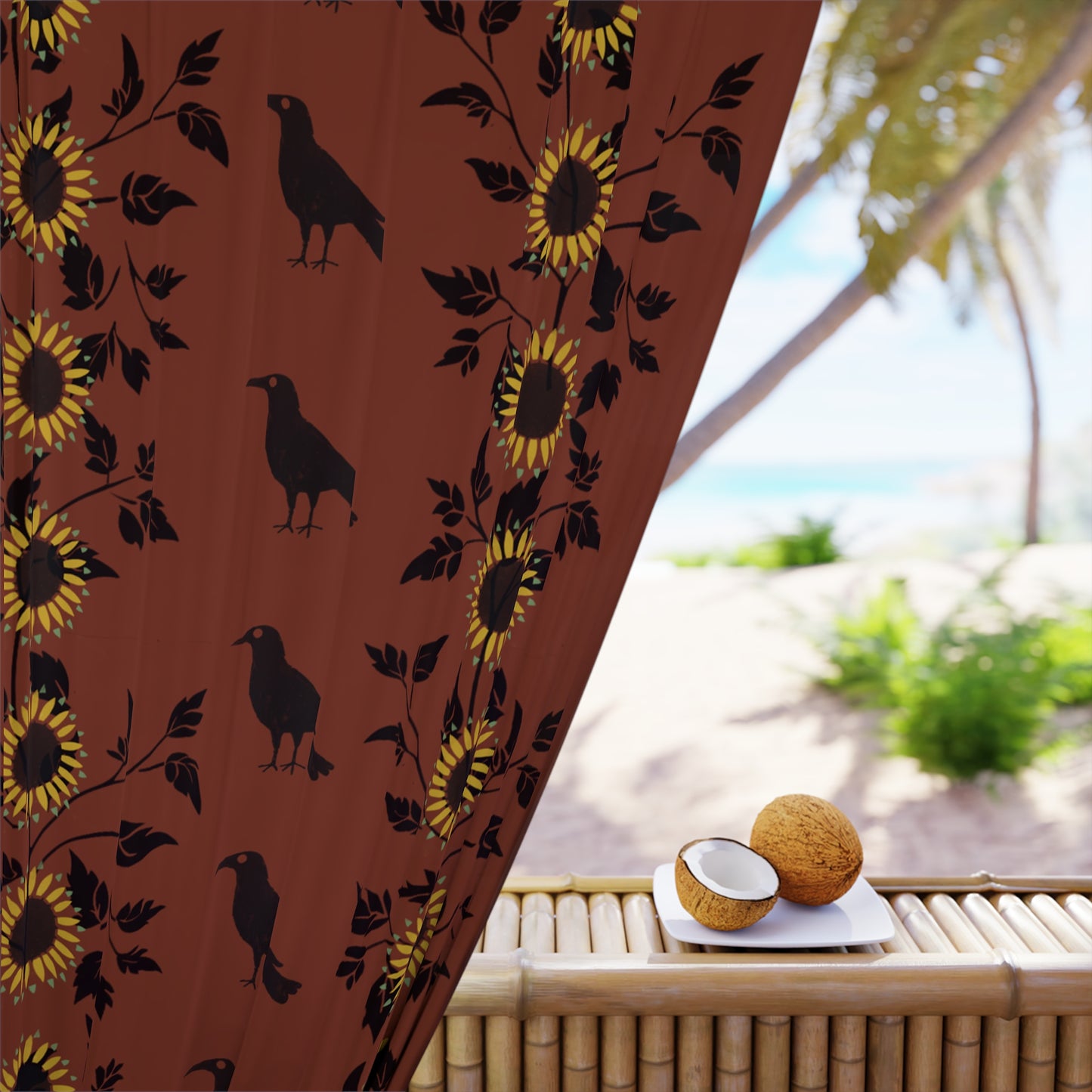 Sunflowrs and Crows Stencil on Red Window Curtains (1 Piece)