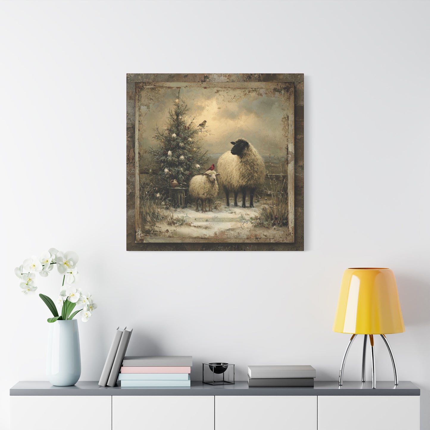 Rustic Sheep Art Canvas Print, Farmhouse Decor, Holiday Wall Art, Cozy Home Vibe, Christmas Sheep Painting, Farmhouse Wall Art