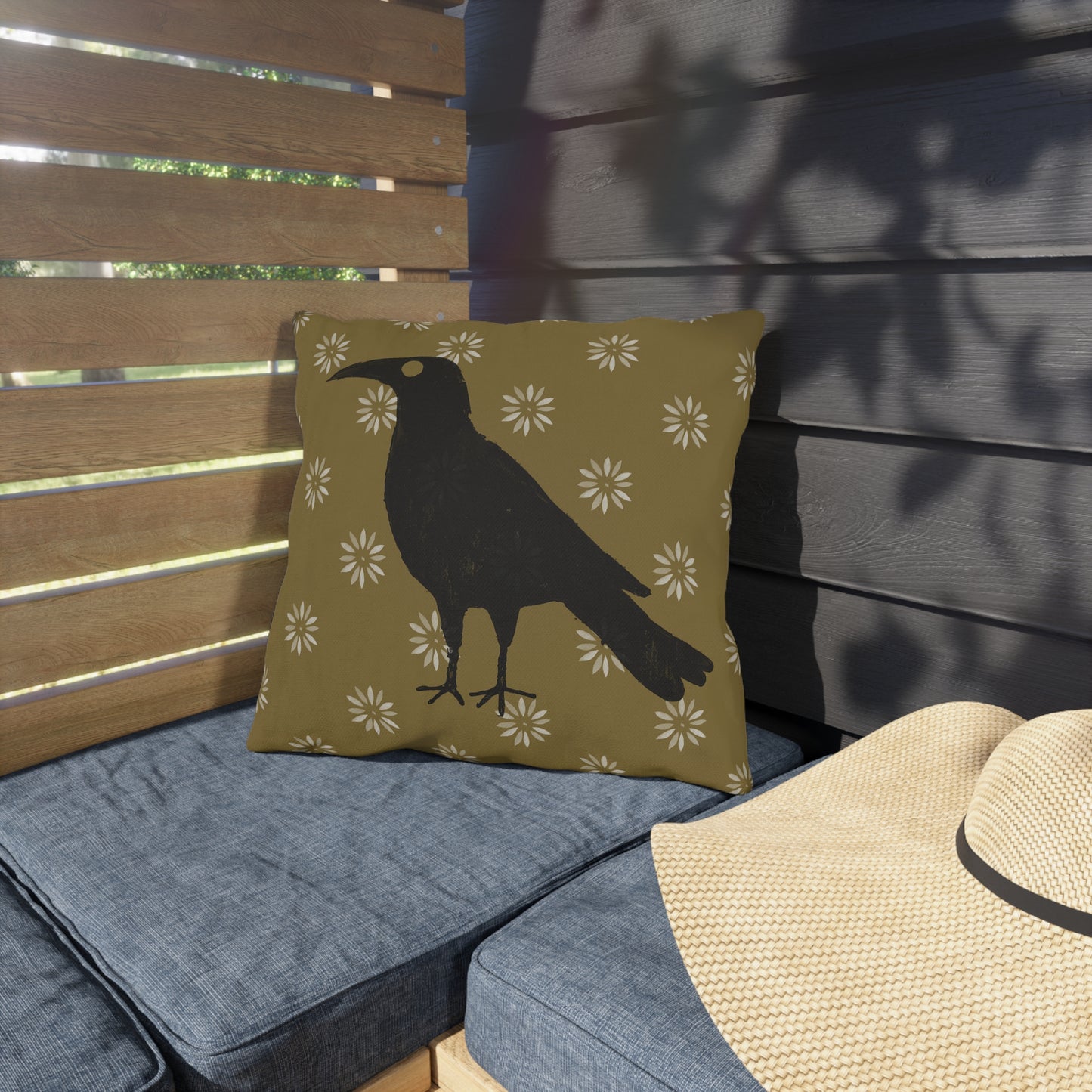 Crow on Petal Stencil Outdoor Pillows