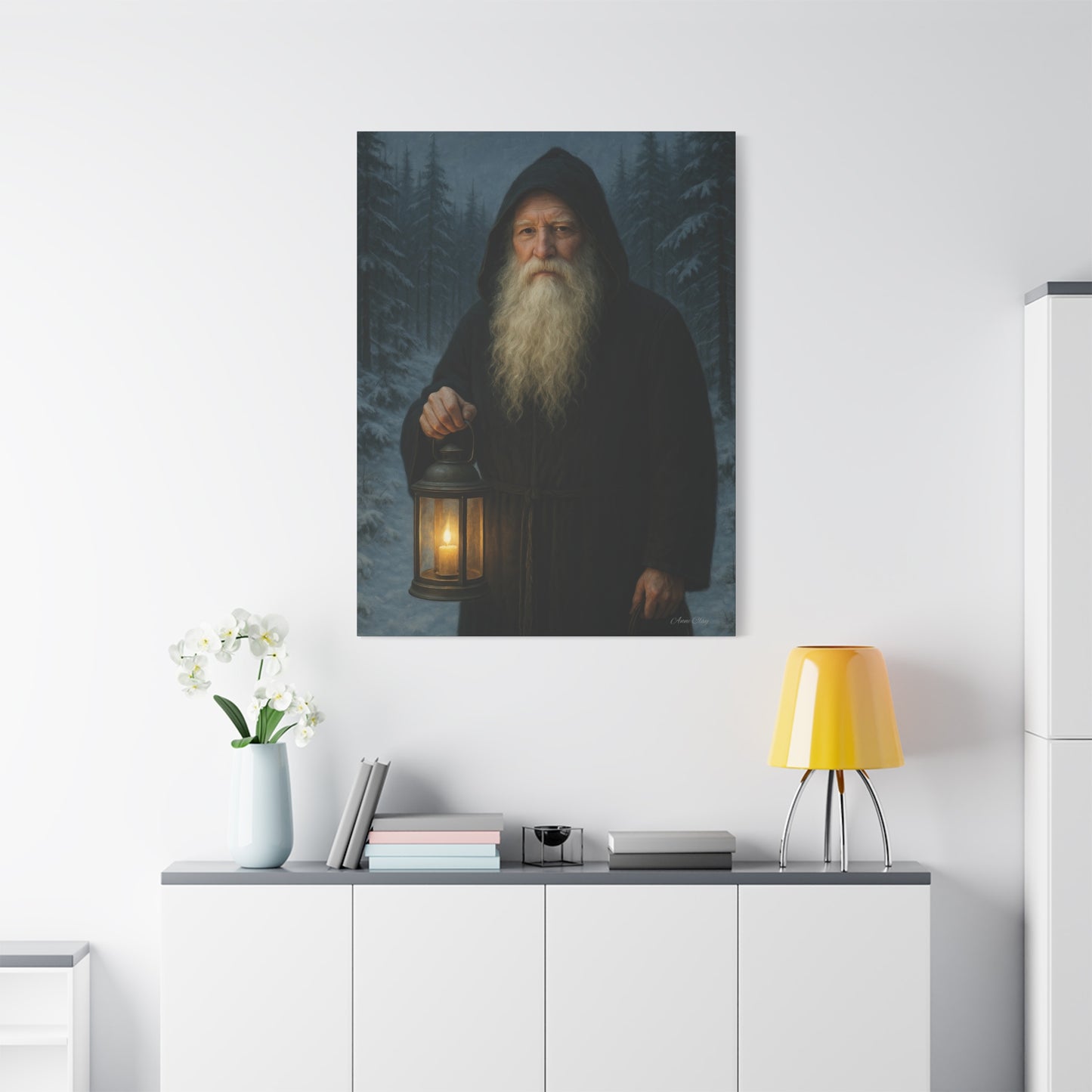 Old World Santa with Lantern Canvas Print, Wall Art, Home Decor, Cabin Vibes, Gift for Him, Rustic Wall Decor, Nature Lover's Gift