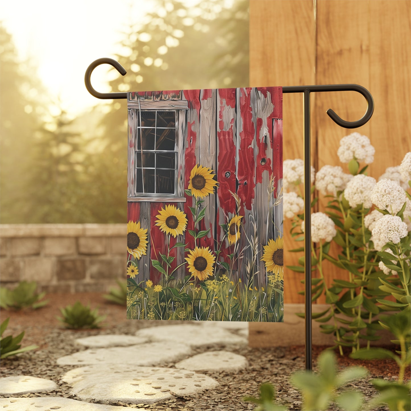 Sunflowers on a Red Barn Garden & House Banner
