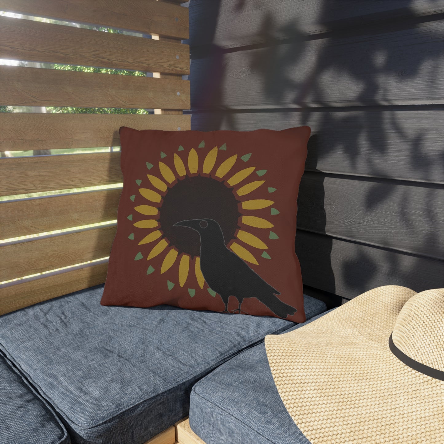 Crow on Sunflower Stencil on Red Outdoor Pillows